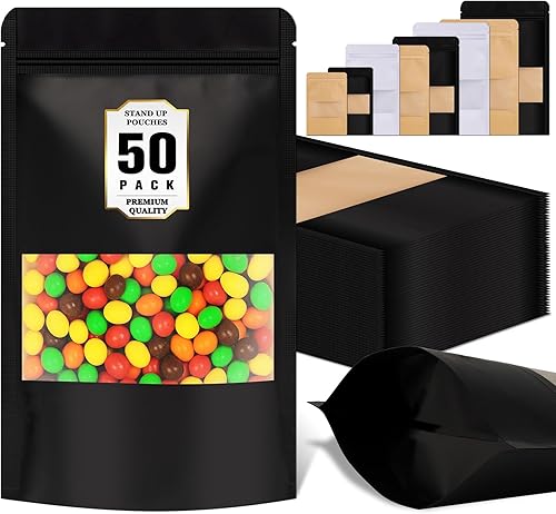 50 bolsas a prueba de olores, bolsas reutilizables para aperitivos con ventana transparente esmerilada, bolsas resellables de varios tamaños, bolsa
