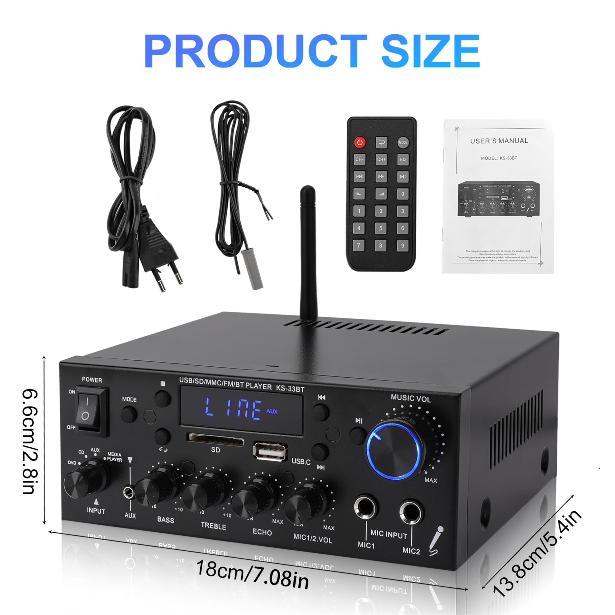 Mini Bluetooth Amplificador Audio, 500W+500W HiFi de 2.0 Canales Audio Stereo Music Reproductor, SD Card/USB Input/FM Radio, para PC, TV, Amplificador Coche, casa Altavoz, subwoofer BT 12v 220V