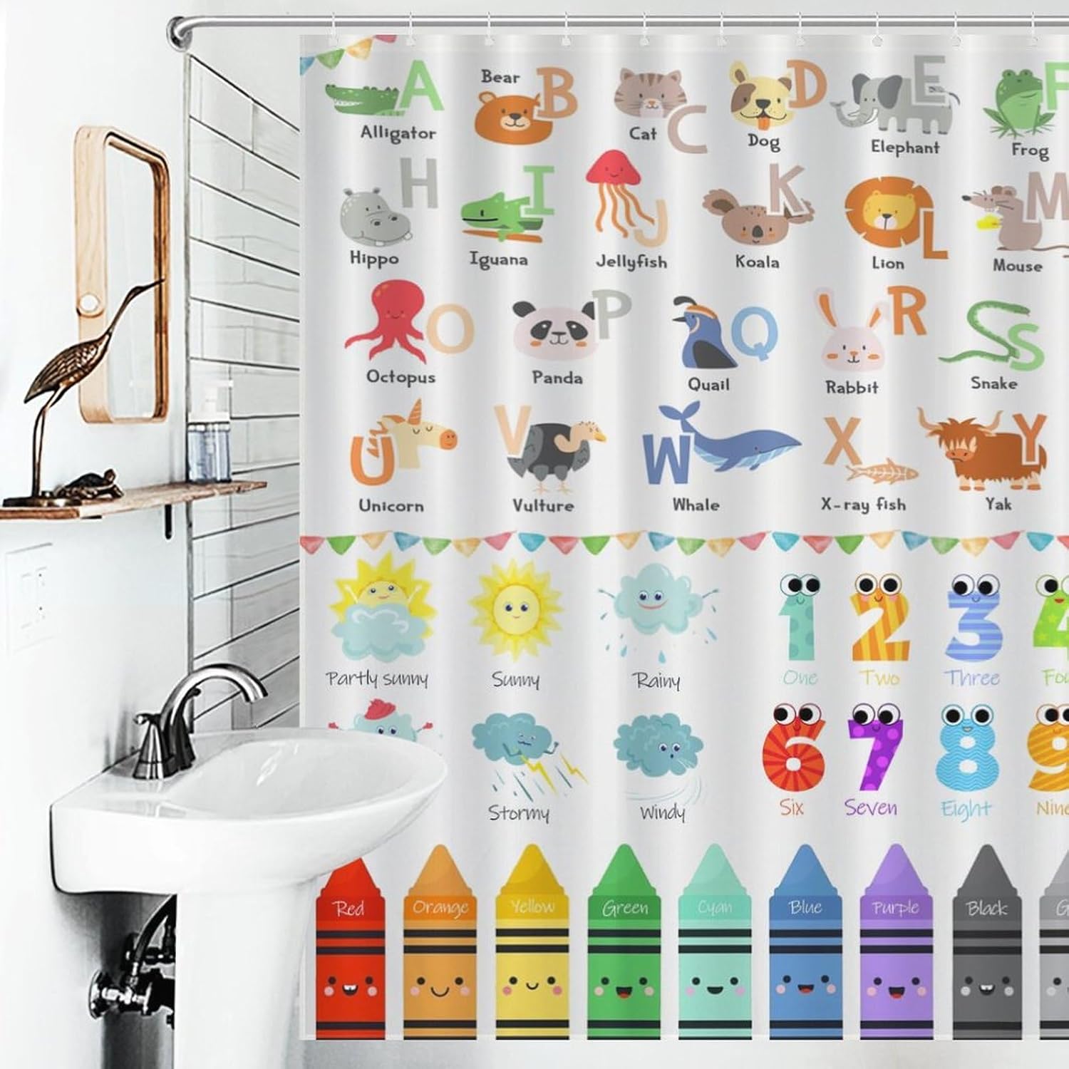 Alphabet ABC Shower Curtains for Bathroom, Children Enlightenment Cartoon Cute Animal Colorful Educational Decor Bath Drapes Set with Hooks, Waterproof Fabric Windows Treatment, 66x72in