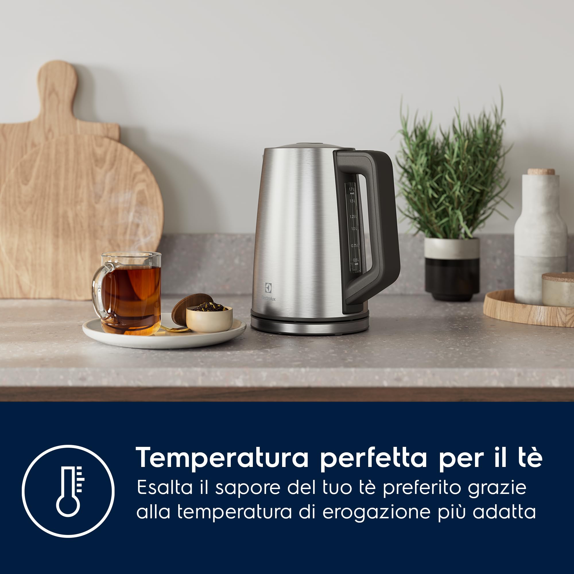 Electrolux Create 5 E5K1-6ST, Bollitore Elettrico 1,7 L, Funzione Turbo e Mantenimento Caldo, Controllo Preciso della Temperatura, Spegnimento Automatico, Design Elegante e Compatto, Acciaio Inox