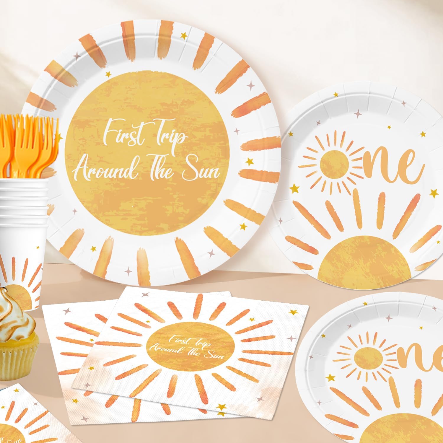Cocomigo 232pcs First Trip Around the Sun Decorations, One-stop Package Includes 59.1 x 39.4 in Backdrop 40 First Trip Around the Sun Plates 100 Balloons for First Birthday Party