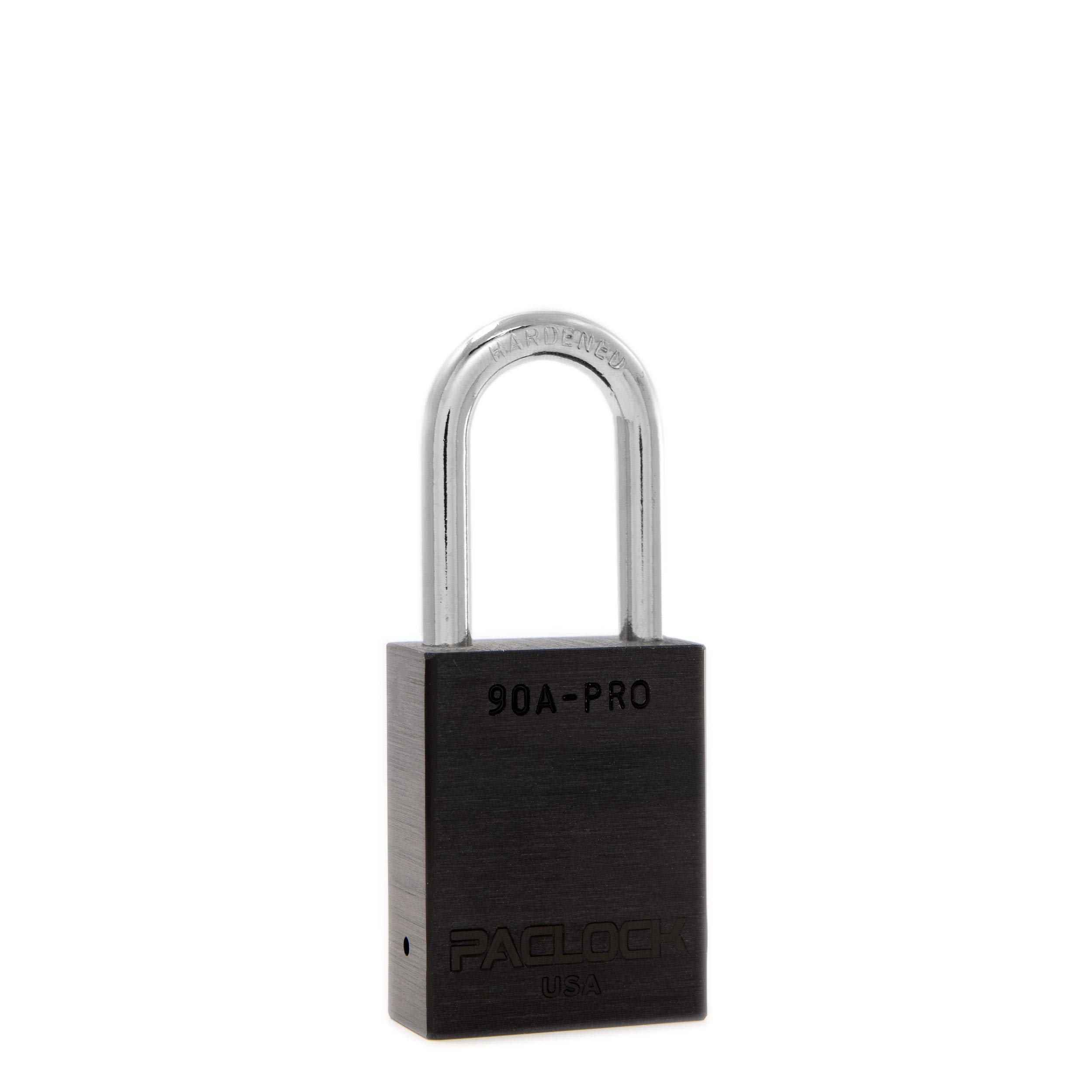 PACLOCK's 90A-PRO Padlock, 1/4" Diameter Hard. Steel Shackle, 1-1/2" Tall, High Performance 7-Pin Cylinder w/ 1 Key, Keyed Differently, Black