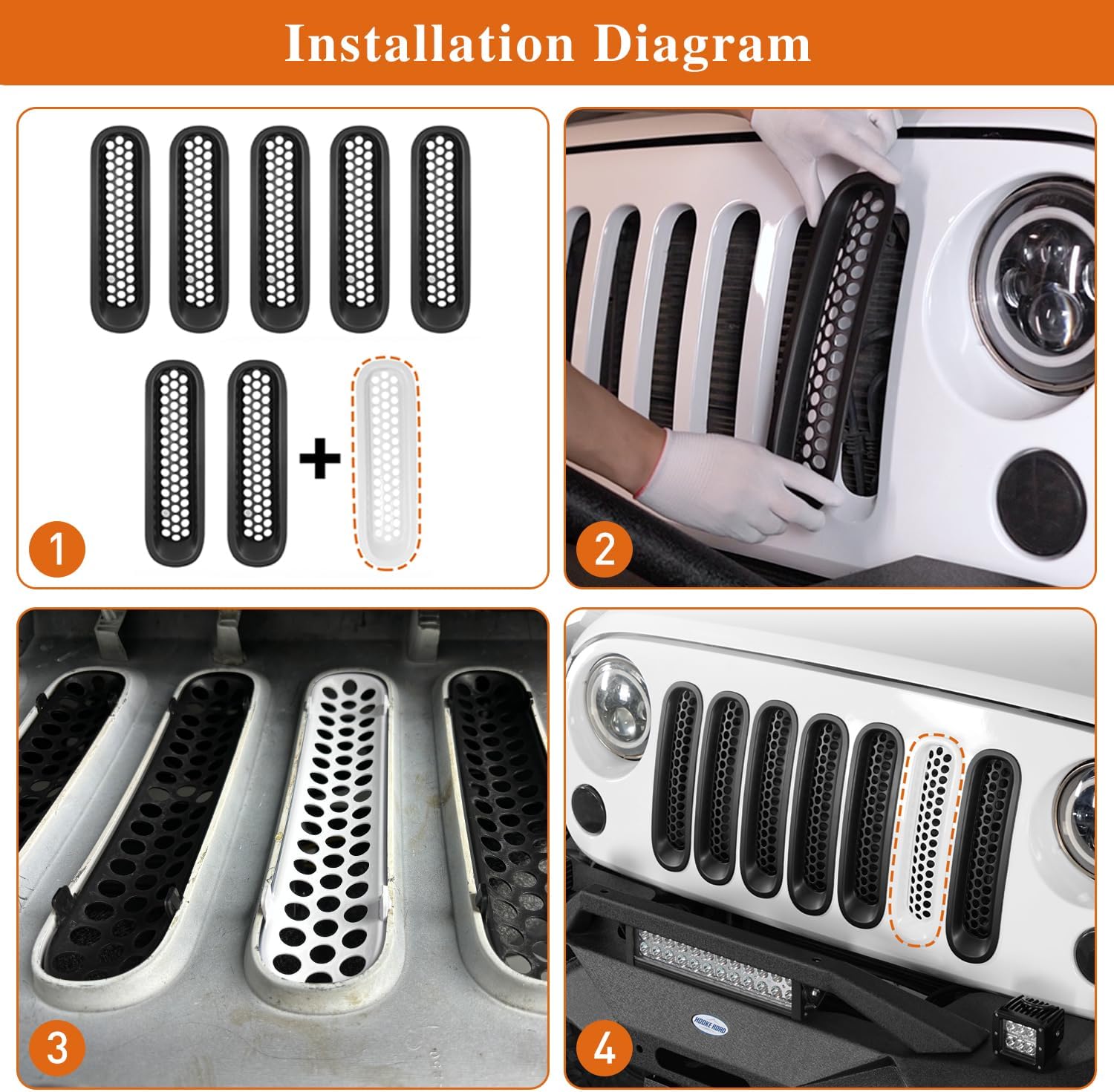 Hooke Road Matte Black Grill Inserts Front Mesh Grille Cover for 2007-2015 Jeep JK Wrangler & Unlimited Wrangler Accessories (7PCS Black + 1PCS White)