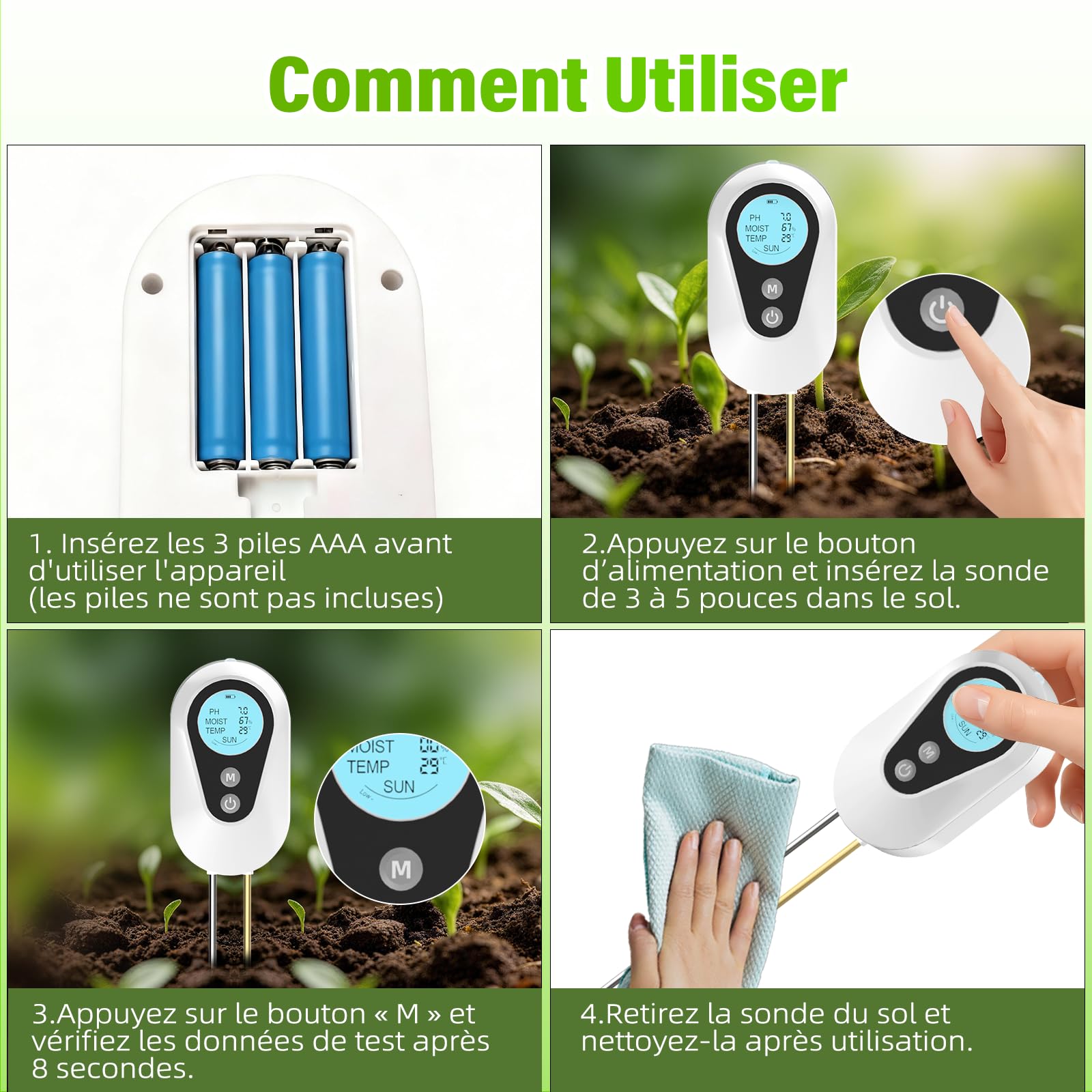 BURMONG Testeur Humidité Plante, 4 en 1 Hygrometre Plante avec Humidité/pH/Température/Lumière Solaire, Testeur pH Sol pour Jardinage, Agriculture et Plantes d'Extérieur
