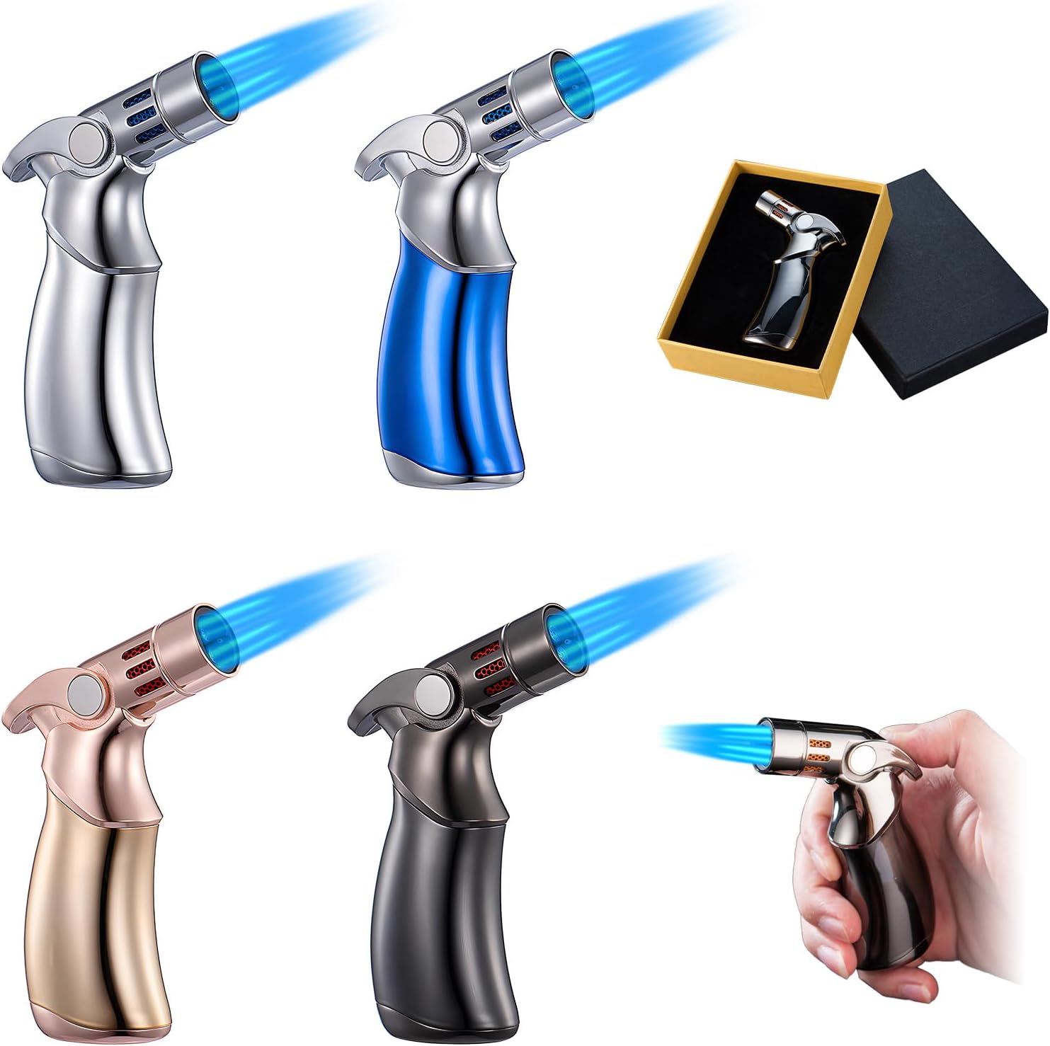 Torch Lighter, Windproof Straight Torch Blue Flame Lighter, Adjustable 4 Jet Flame Refillable Butane Refill Portable Lighter for Grill BBQ Candles Camping, Cool Lighter Gift for Men Father (4PCS)