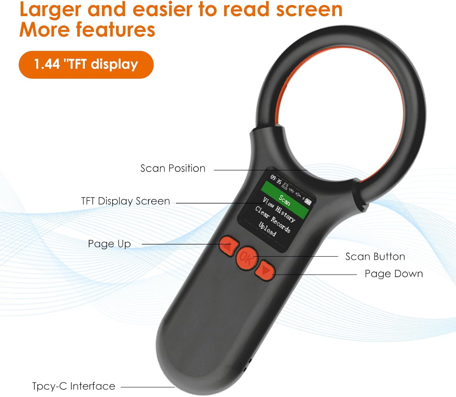 Pet Microchip Scanner Bluetooth, Animal Microchip Tag Reader Scanner, Three Ways to Connect,Upgrade TFT Large Screen, Store 500 Labels, Support to View History, Delete Records