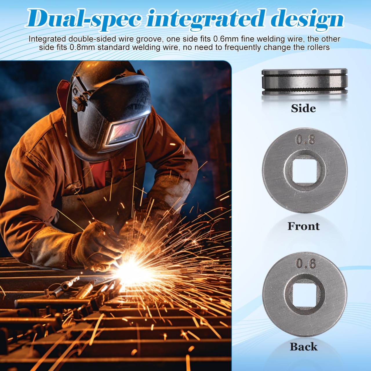 VILLCASE 2pcs 0.6/0.8mm Wire Feed Drive Rollers Roll Wheels, Square Hole Knurled K-Groove for SSJ16 Wire Feeder, Gasless Flux Cored MIG Welder Accessories Steel — Amazon image 7