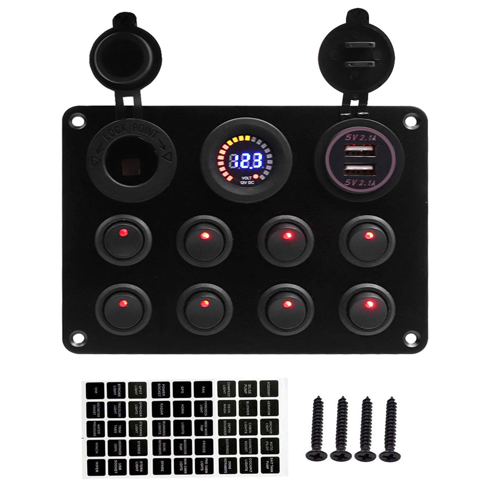 KAOLALI Przełącznik kołyskowy z 8 przełącznikami + gniazdo zapalniczki samochodowej 12 V+LEDVoltimetr + 4,2 A podwójna ładowarka USB do kampera
