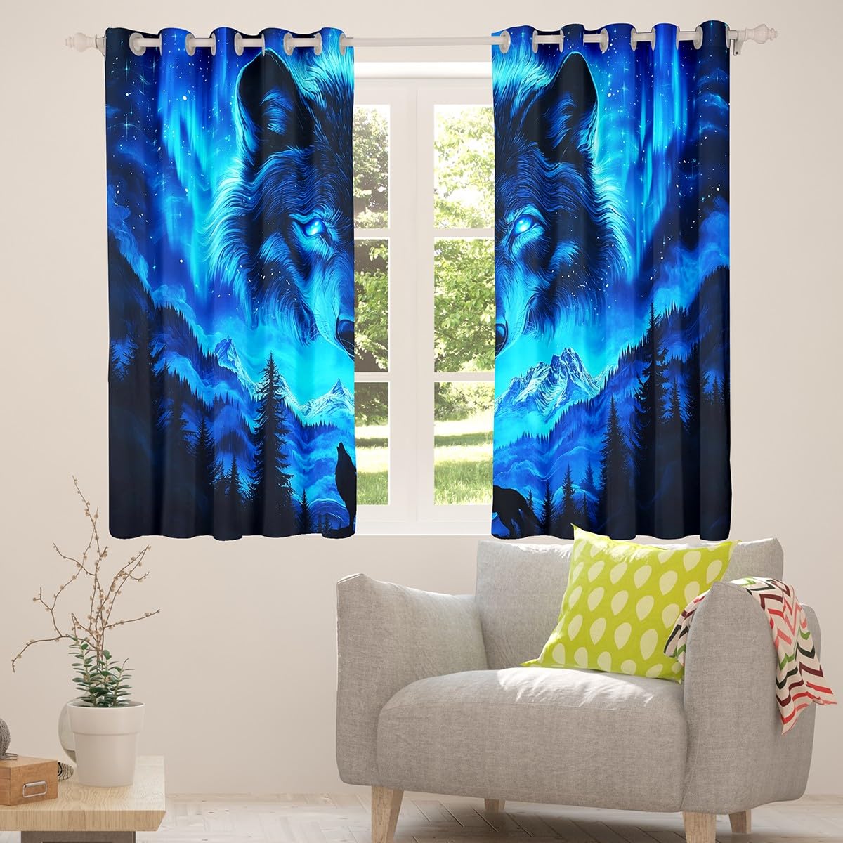Wolf Print Fenster Vorhänge, Wildlife Wolf Tier Jagd Thema Küche Fenster Behandlungen, Blue Galaxy Schnee Berg Kiefer natürliche Fenster Vorhänge für Home Decor, 2 Panels, L Größe,Gute Schattierung