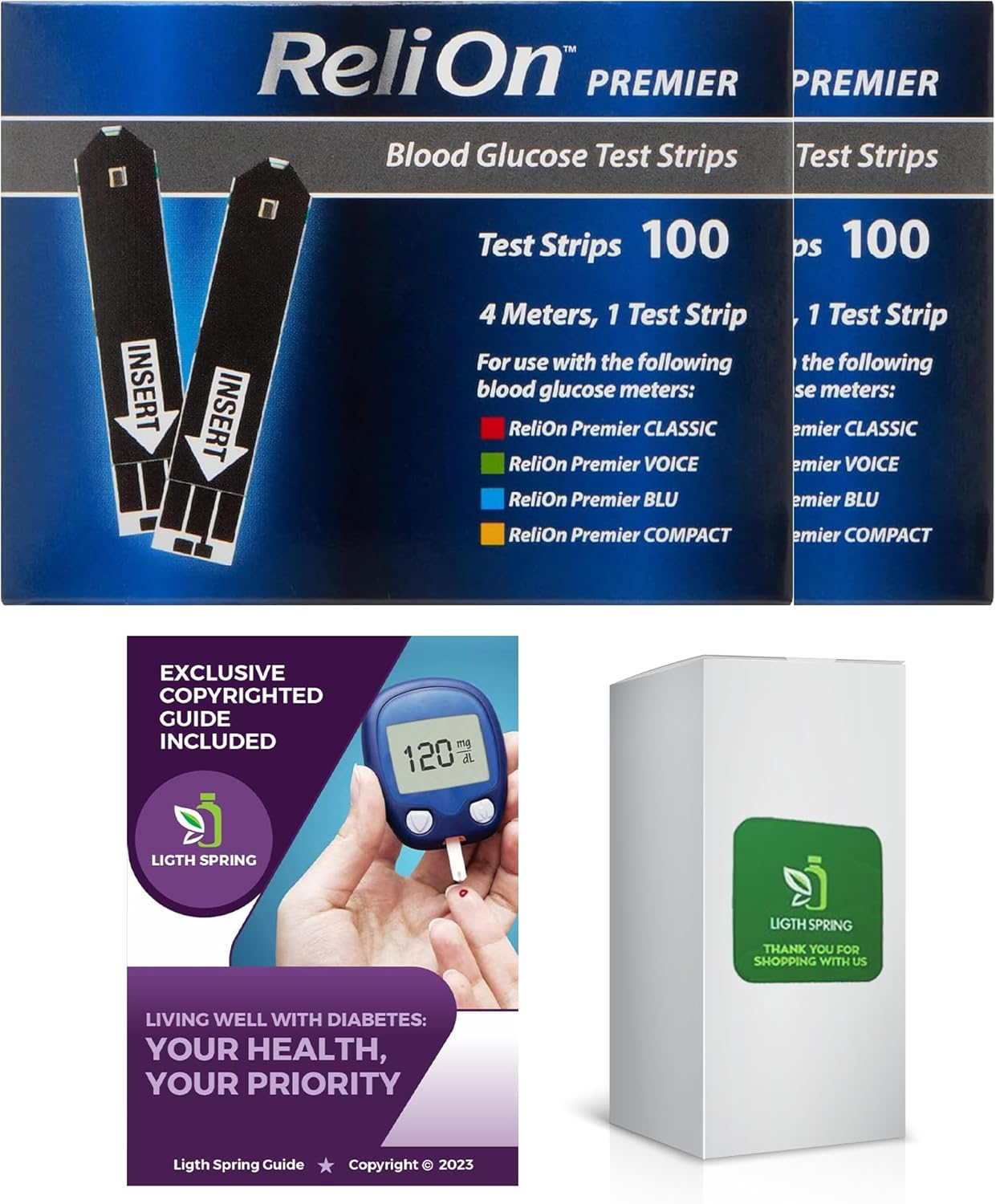 ReliOn Premier Blood Glucose Test Strips 100Ct (2 Pack) Bundle with Exclusive Living Well with Diabetes: Your Health, Your Priority - Better Light&Spring Guide (3 Items)