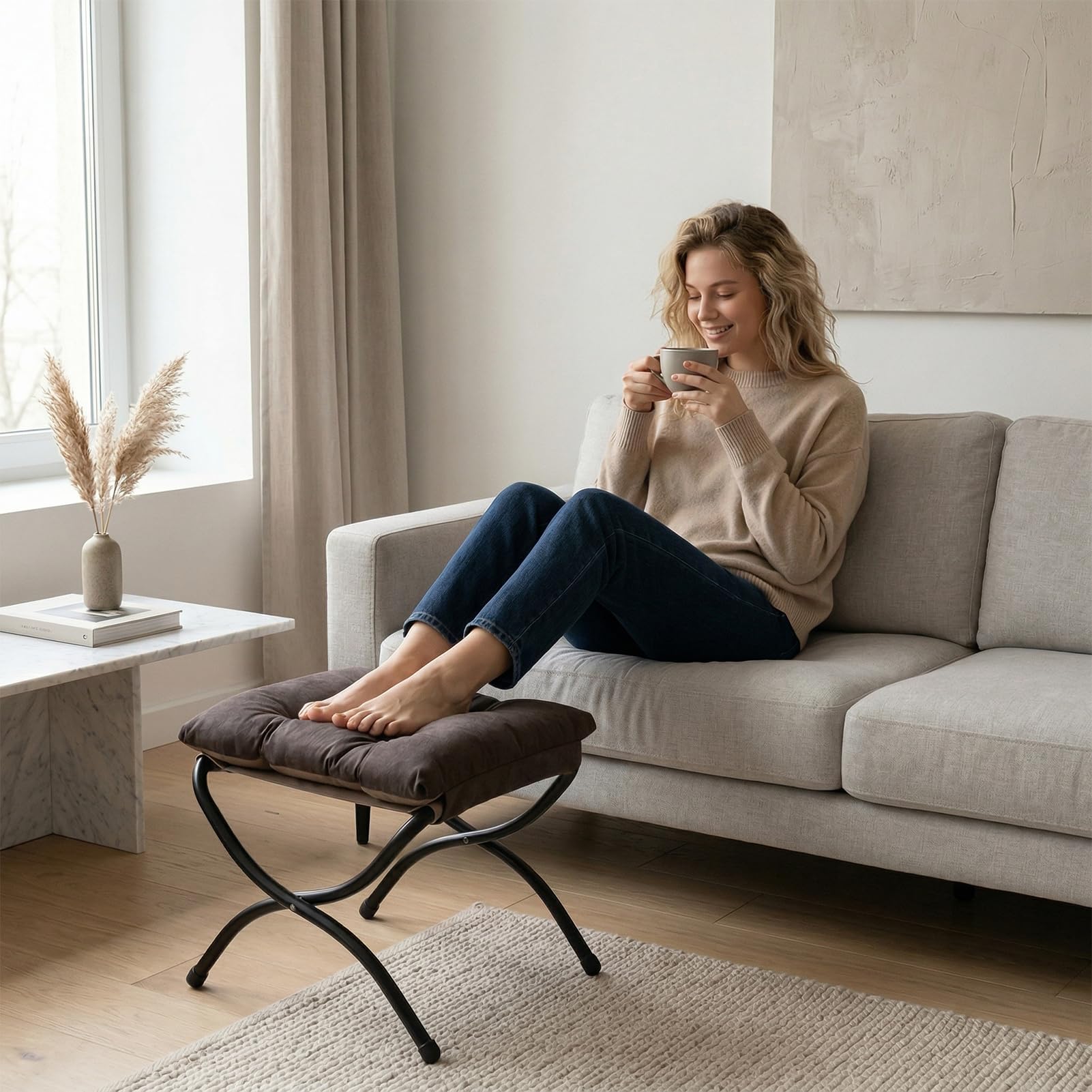 HollyHOME Fußhocker Klappbar Fußablage Fußstütze Faltbar Sitzhocker mit Metallbeinen Fusshocker mit Abnehmbar Gepolsterte Sitzfläche Indoor Outdoor, Grau Braun