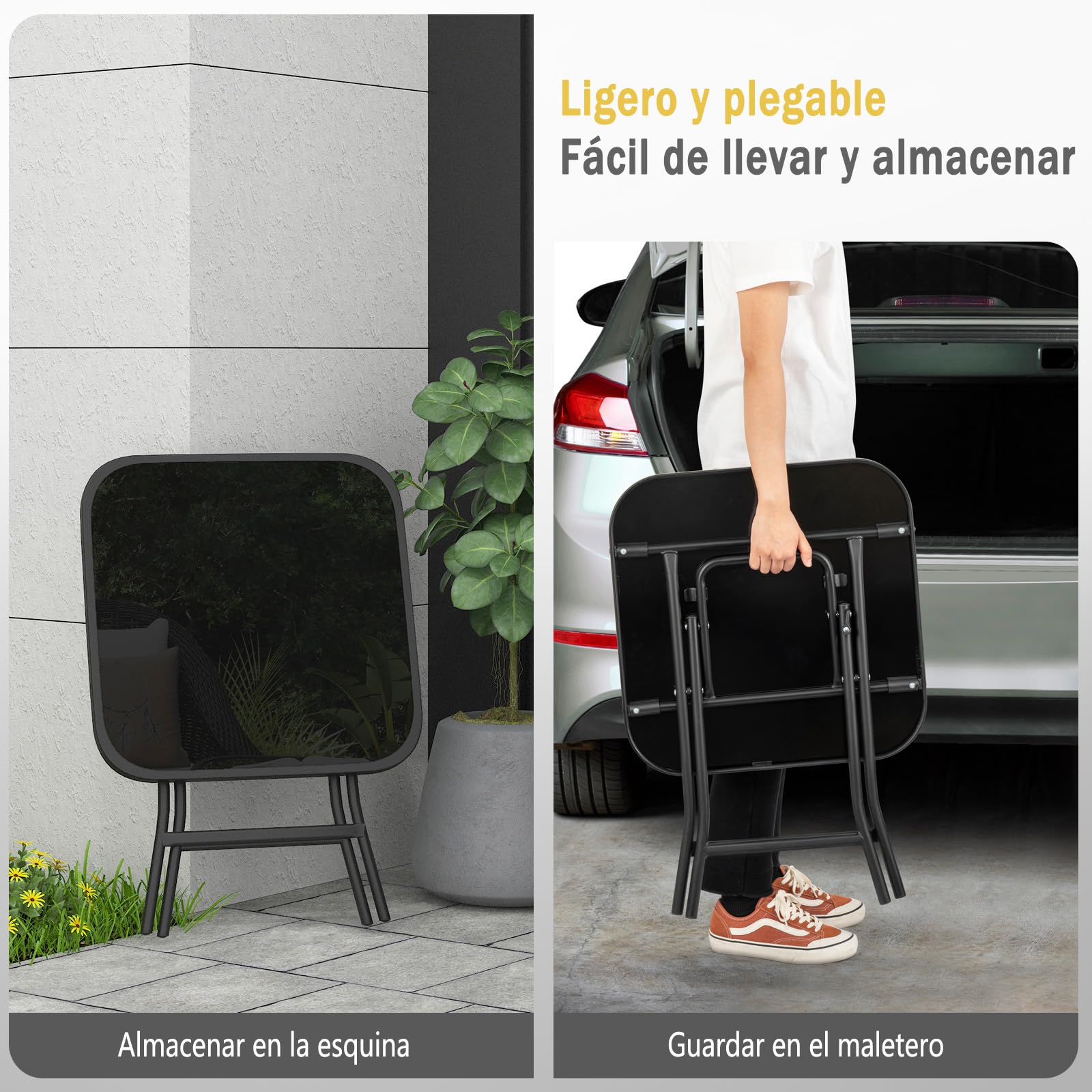 eSituro Mesa Auxiliar Plegable, Mesita de Jardin, Mesa Plegable Exterior Pequeña para Terraza, Balcón y Patio, Metal Tablero de Cristal, Cuadrada Negro 46x46x48cm