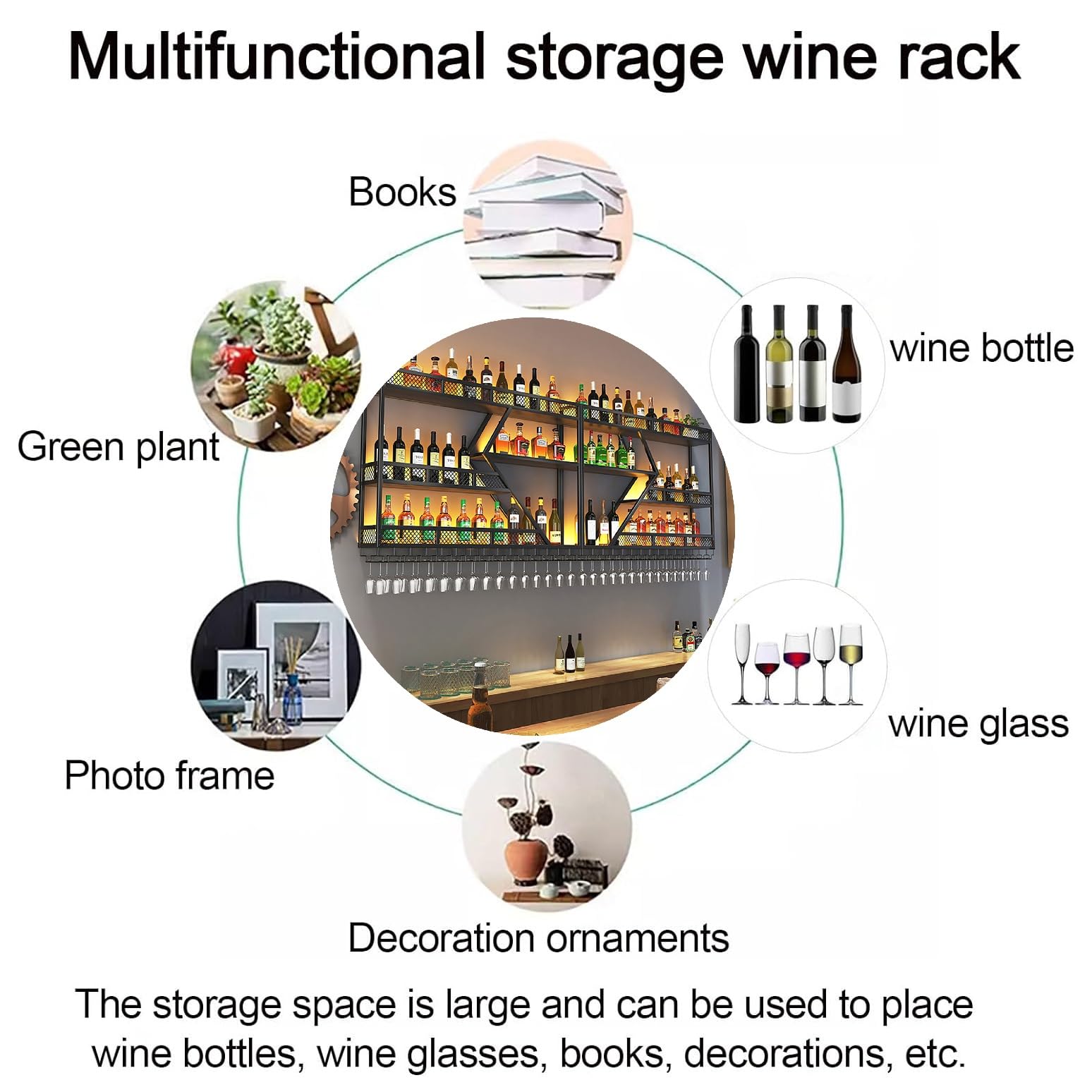 Estante de vino montado en la pared con luz LED, soporte de exhibición de hierro para almacenamiento de botellas y copas - Estantería flotante para barra