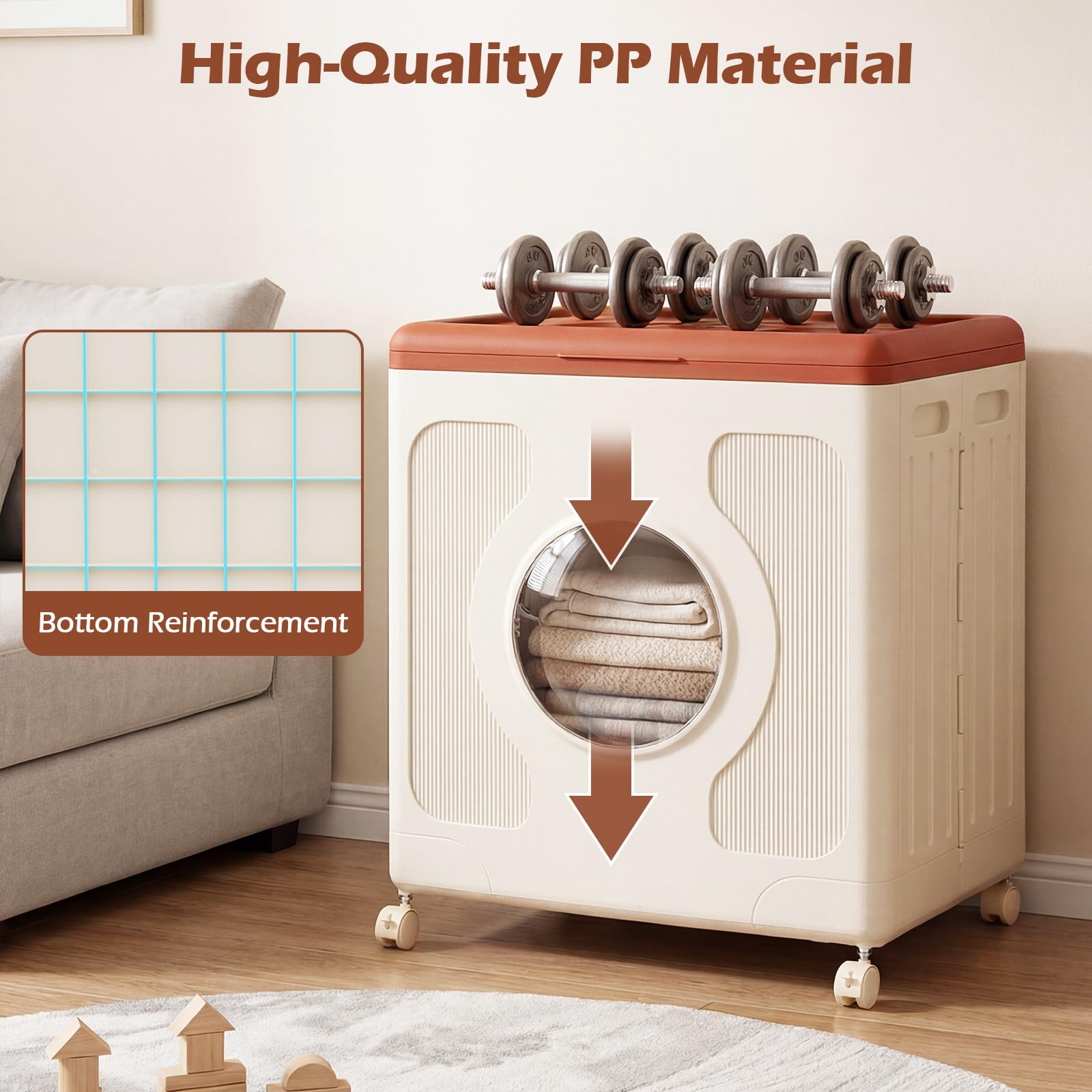 GIANTEX Caja de Almacenamiento 122 L con Ruedas Extraíbles, Contenedor de Plástico Plegable con Ventana Transparente, Tapa y Asas, Organizador Móvil para Lavandero, Dormitorio (Marrón)