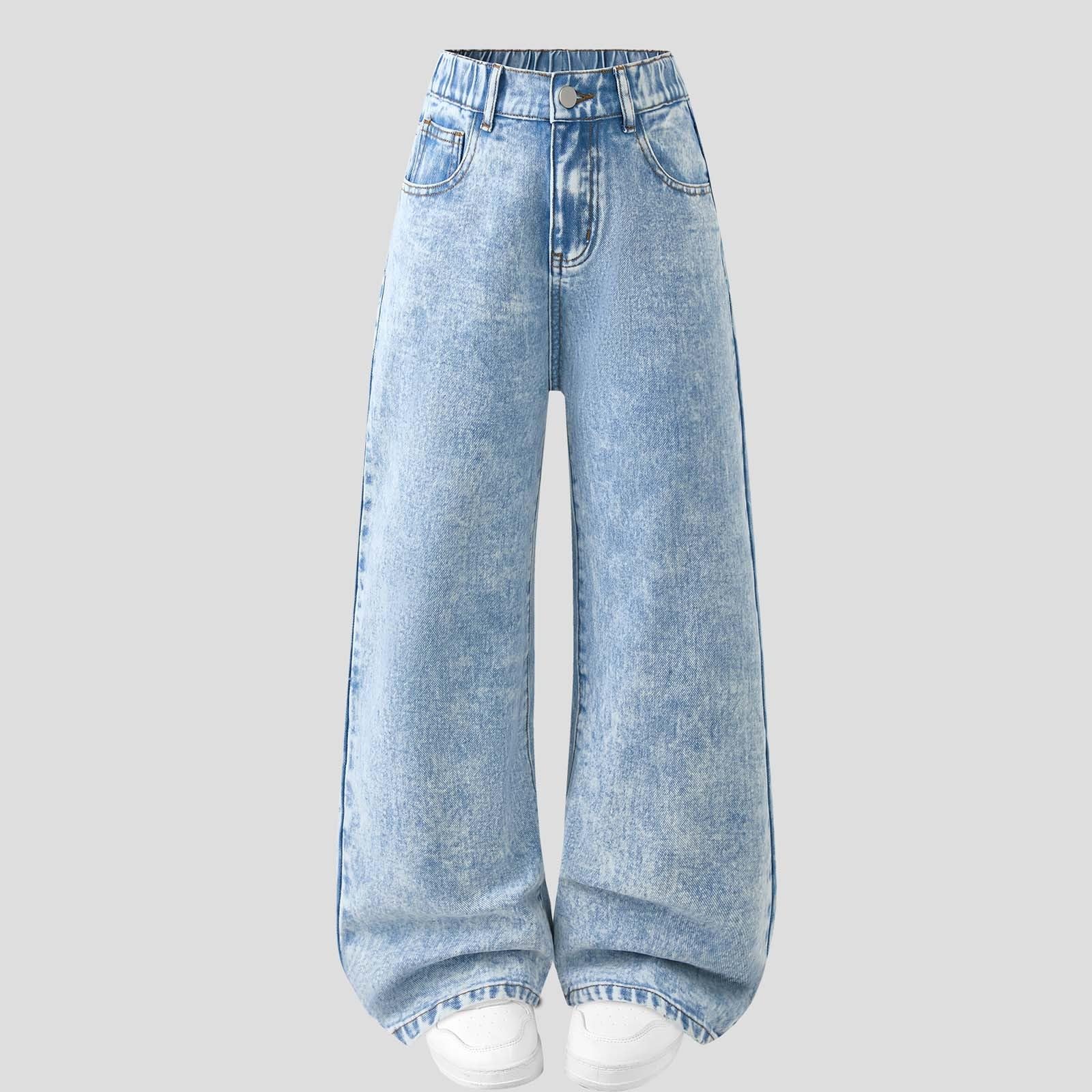 Girl Jeans Weites Bein Jeanshose Kinder Teenager Kinder High Waist Weite Bein Trend Jeanhosen Hose Muster mit Taschen Outdoorhose Jahreszeitliche Jeans für Schüler Schul Outfits