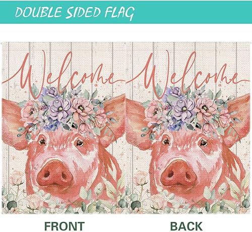 Miniatura 2 de Asminifor Bonita bandera de jardín de cerdo rosa de 12.5 x 18 pulgadas de doble cara de animales de granja de bienvenida de verano con acuarela,