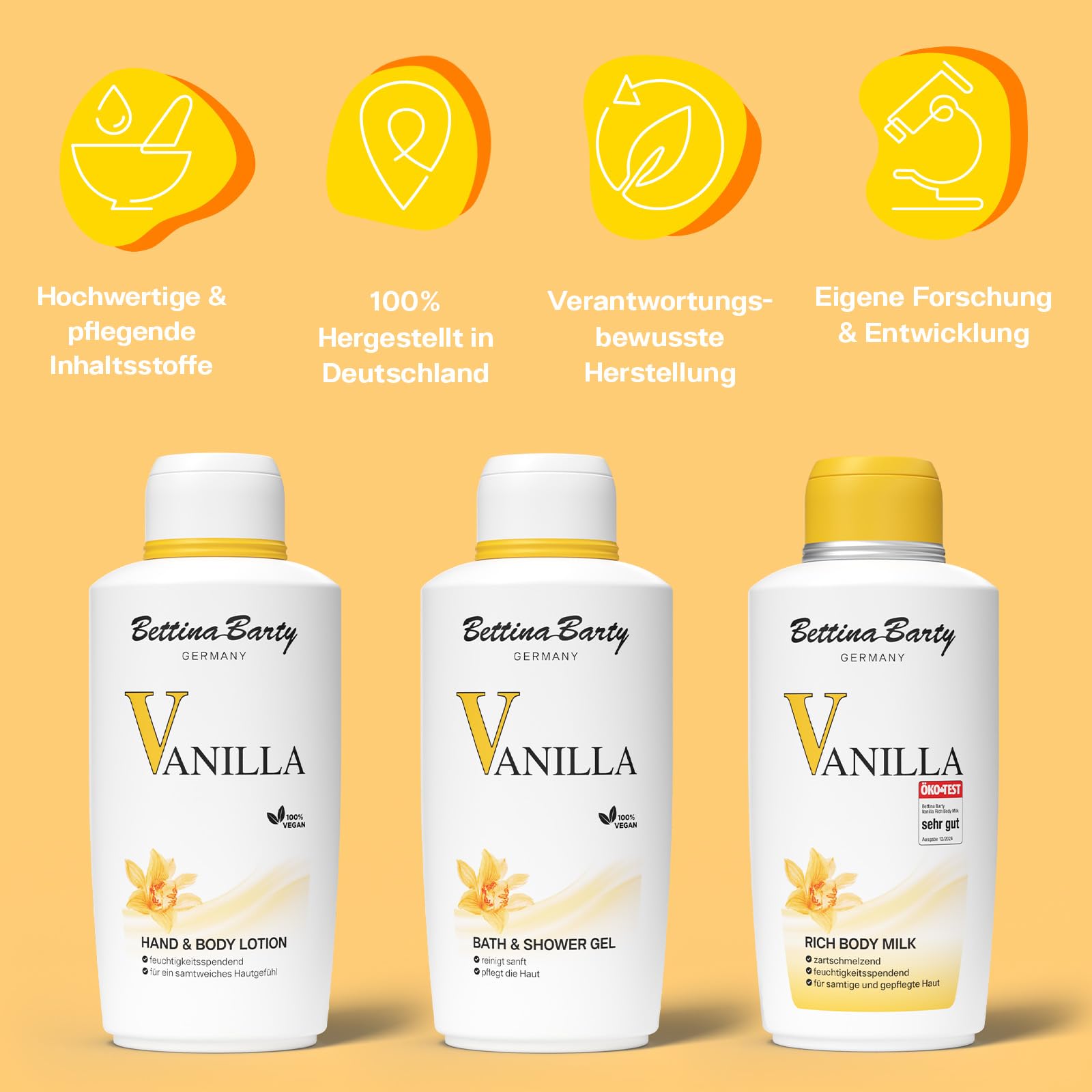 Bettina Barty Vanilla Bath & Shower Gel 12 x 500 ml – Duschgel mit Vanilleduft – Sanfte Reinigung & Feuchtigkeitsspendende Pflege für alle Hauttypen - Geschenk-Idee zu Ostern