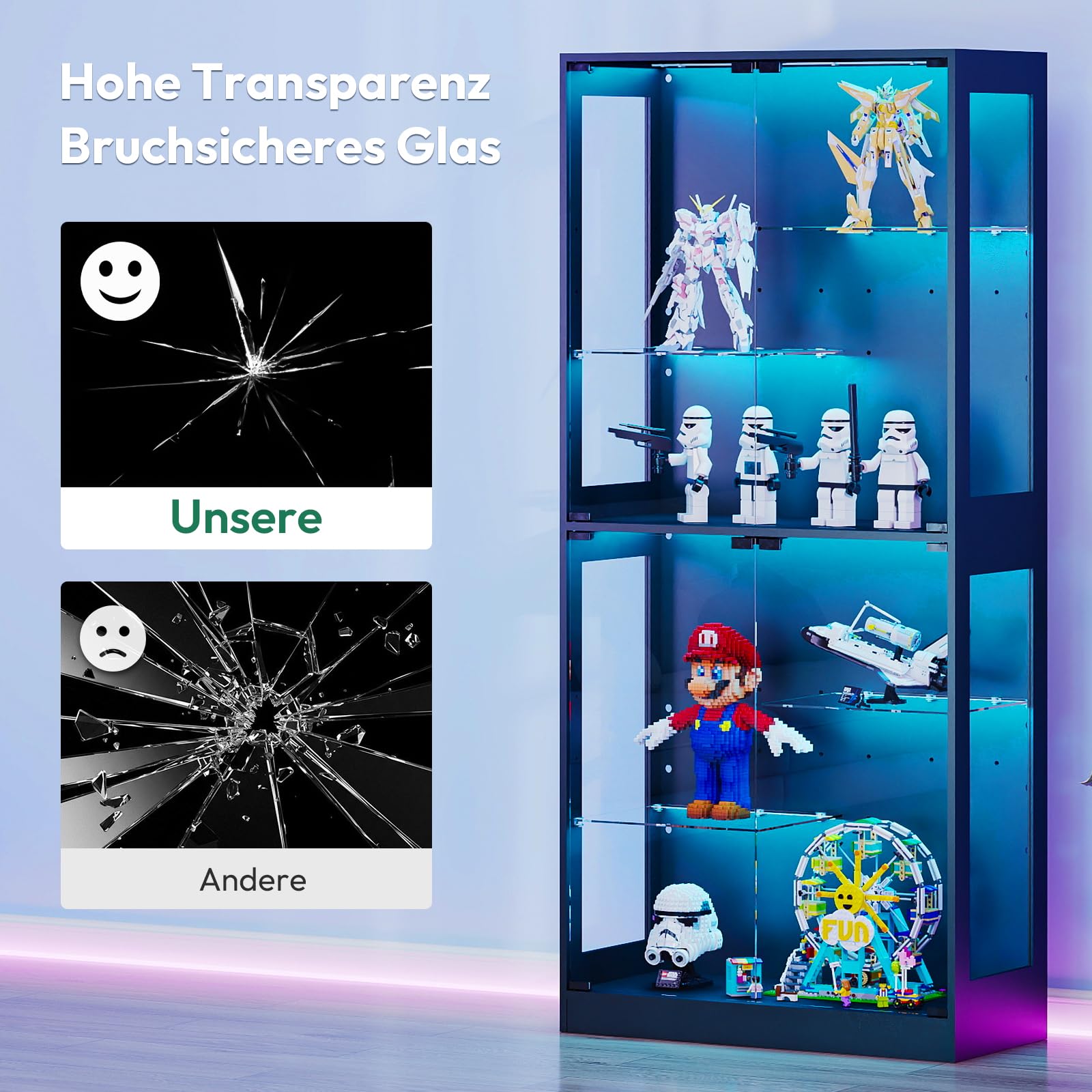 Lamtor Glasvitrinen Stehend mit LED Beleuchtung – 175 cm Glas Vitrinenschrank Wohnzimmer, Vitrine mit Verstellbares Regal, APP & Remote Control 6000+RGB (Schwarz)
