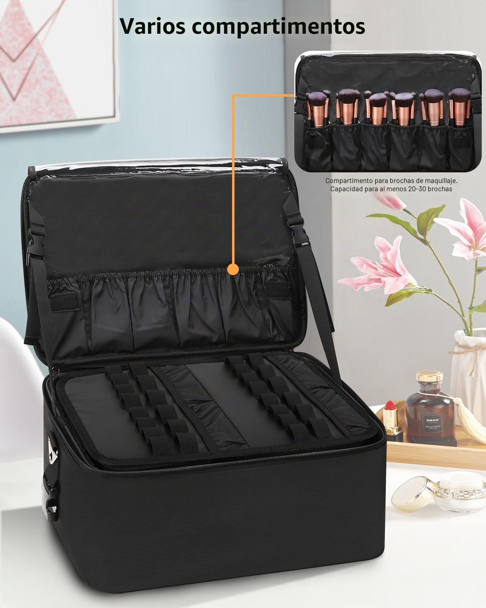 Maletín de maquillaje profesional con 3 bolsas de cosméticos, organizador de almacenamiento y placa de lápiz labial para artistas de maquillaje, Negro, A Set