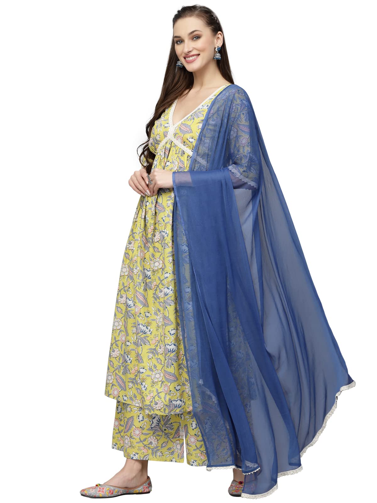 Stylum Women's Floral Printed Kurta Palazzo Dupatta Set (Kpddella42_Yellow, Xl)