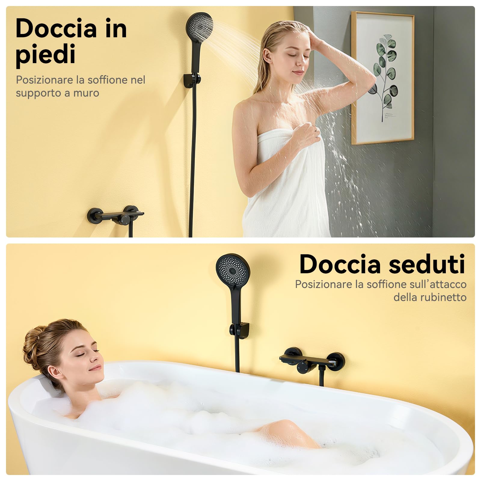 Auralum Rubinetto Vasca da Bagno con Doccetta 5 Geti, Miscelatore Vasca da Bagno a Cascata, Miscelatore Doccia Nero con Tubo Doccia PVC 1,5 m, Rubinetto Doccia con Supporto Soffione Doccia Regolabile