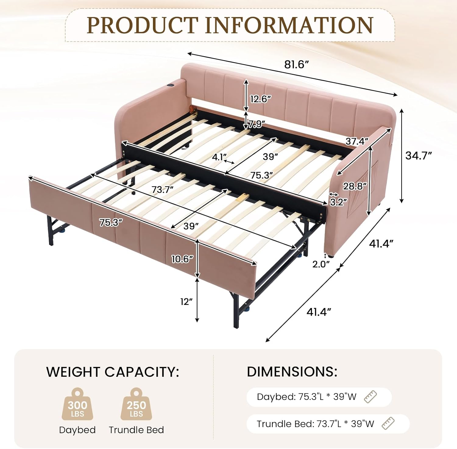 Twin Size Daybed with Pop Up Trundle Bed,Velvet Twin to King Size Day Bed Frame with USB Ports&Side Pockets,Upholstered Extendable Wooden Sofa Bed for Living Room,Bedroom,No Box Spring Needed,Pink