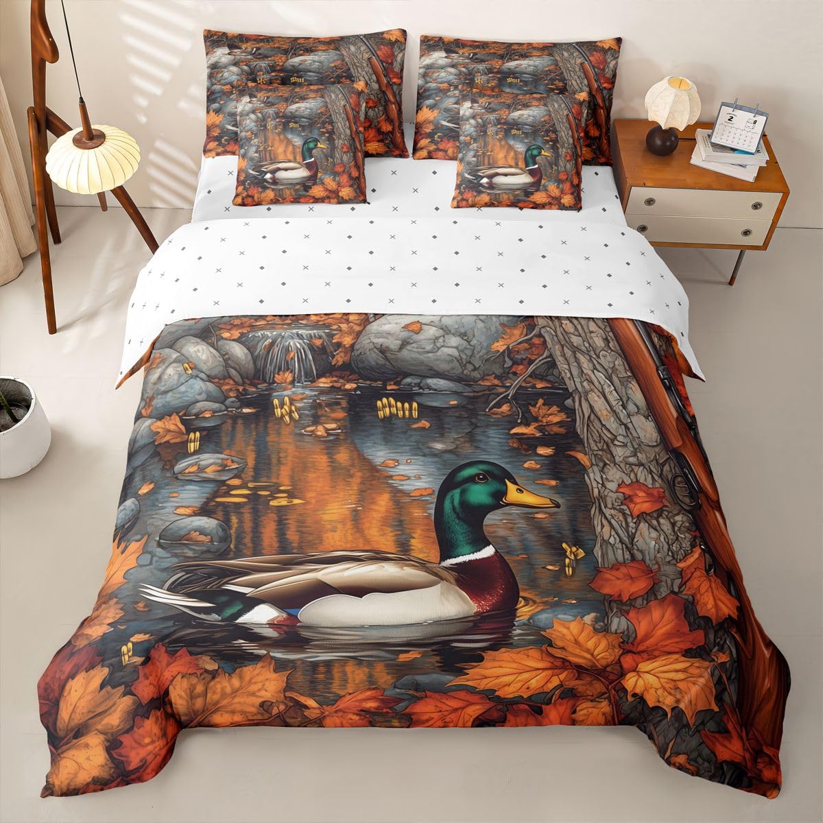 Loussiesd Mallard - Set di biancheria da letto per letto singolo, 7 pezzi, motivo: caccia e fauna selvatica, per bambini, ragazzi e ragazze, con copripiumino, lenzuola, federe, federe