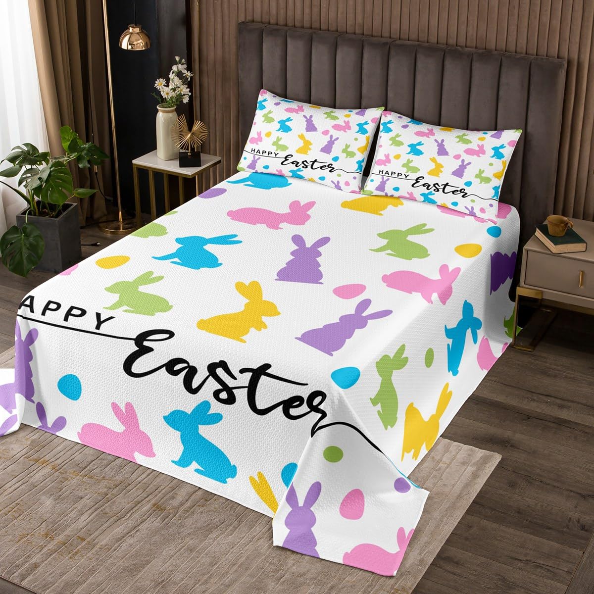 jejeloiu Kids Queen Size Happy Easter Coverlet Set Easter Colorful Eggs Bedspread Bunny Quilted Coverlet for Kids Boys Girls Easter Decor Quilted 3Pcs