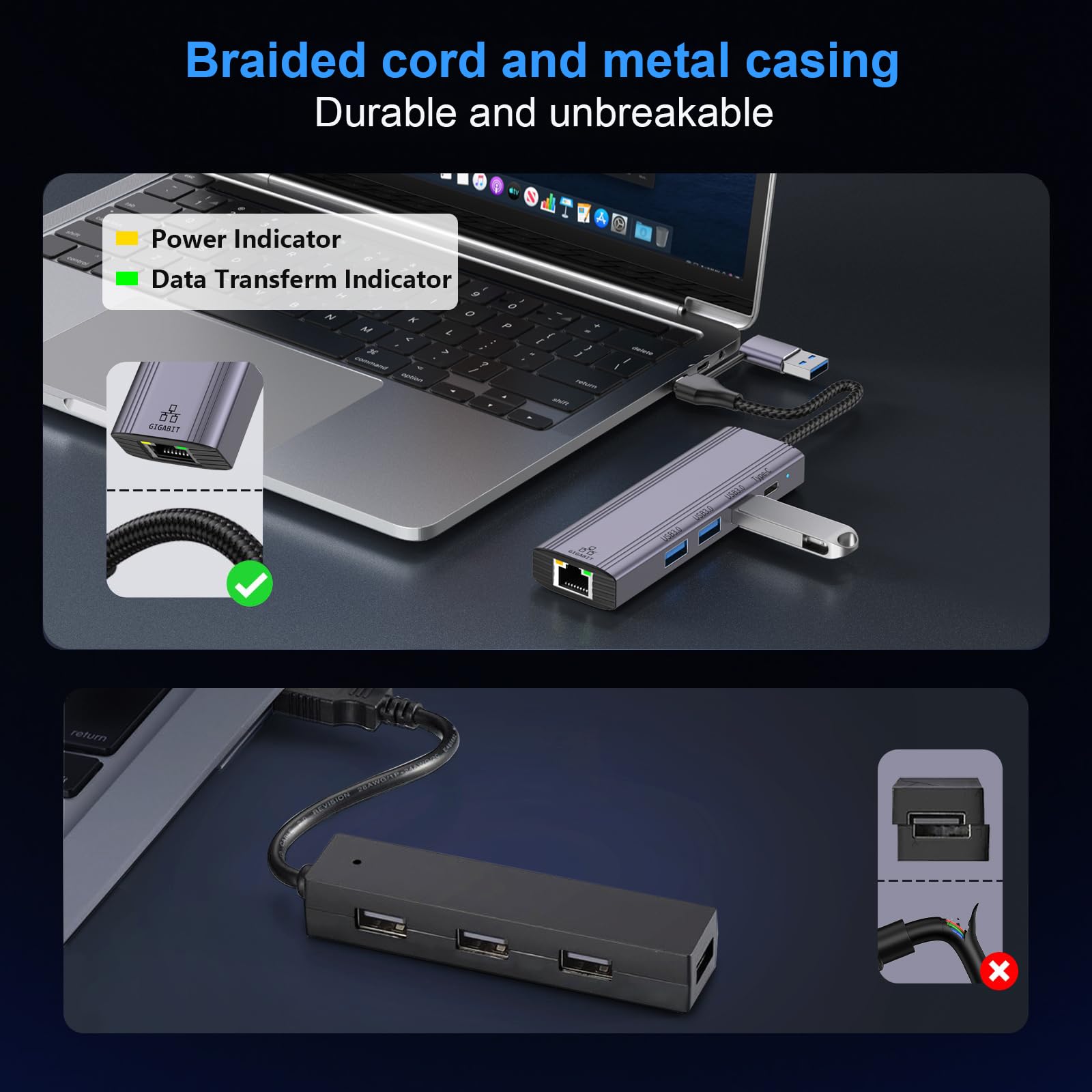 5-in-2 USB-C Naar Ethernet Adapter – 1000 Mbps Snelheid, 3x USB 3.0 + USB-C Poort, Plug-and-play Voor Mac, Linux, Chromebook En Meer