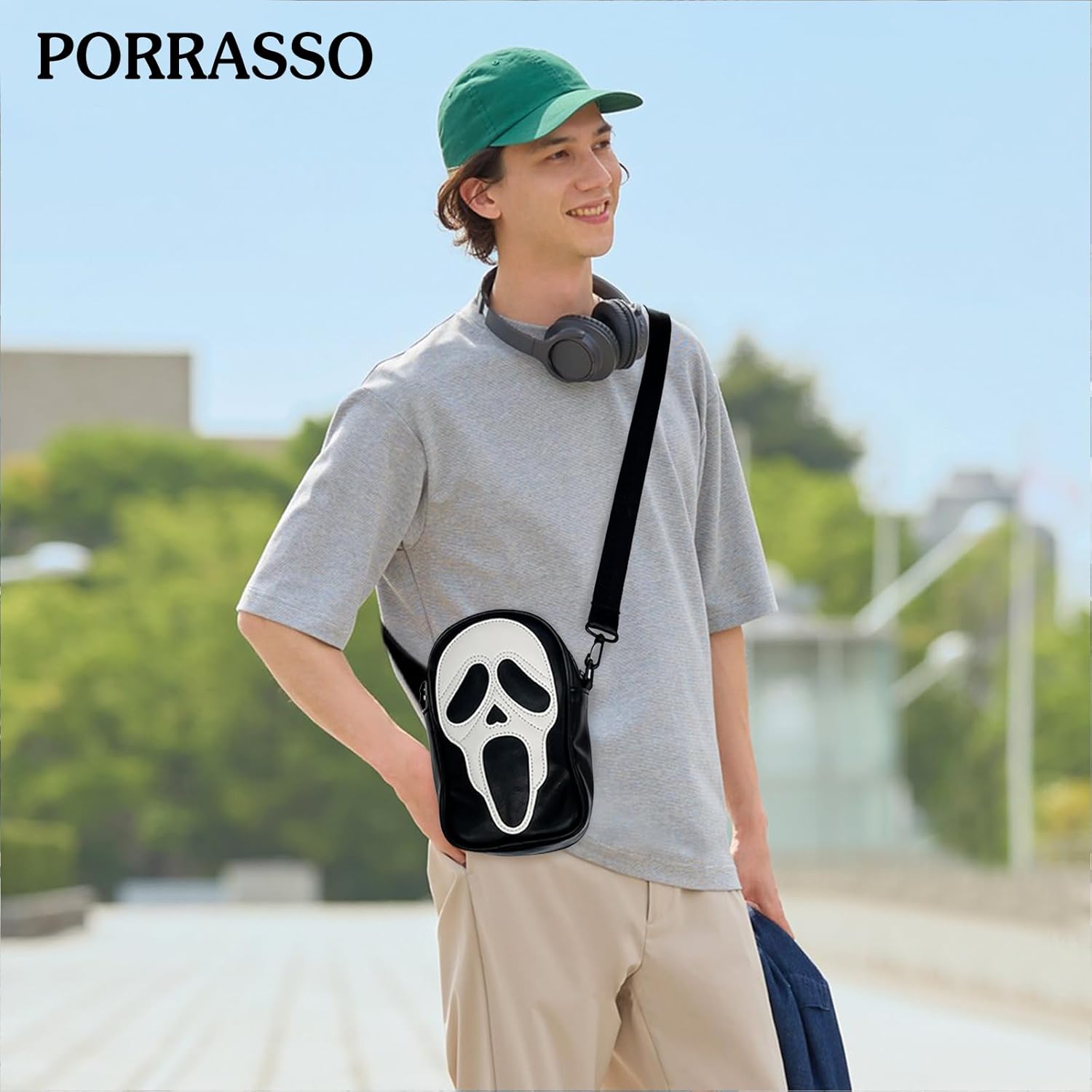 PORRASSO Ghost Crossbody Bag Women Shoulder Bag PU Messenger Bag Men Sling Bag