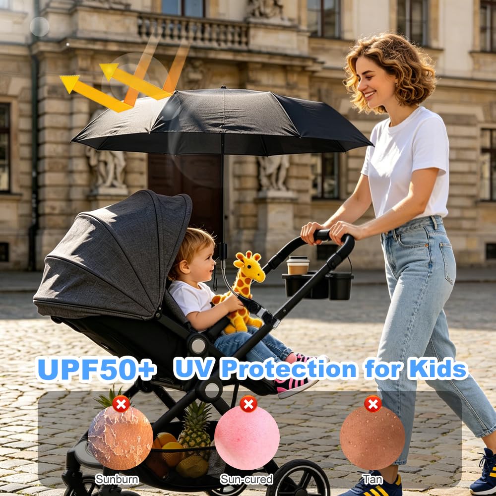 Foreverup Ombrellino Parasole Passeggino, Ombrellino Passeggino Universale, Ombrellone per Passeggino, 96cm 50+ UV Ombrello Universale per Bambini e Neonati Protezione Solare (Nero)