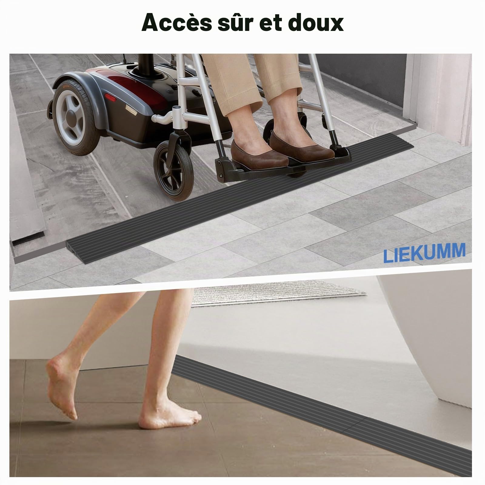 LIEKUMM Rampe Fauteuil Roulant, Hauteur 1,5 cm Coupeable PVC Rampe de seuil | Capacité 1000 kg Rampe de Seuil Autocollante, Antidérapant, Utilisable en Intérieur Extérieur, Pour Couloirs, Salles de Bain