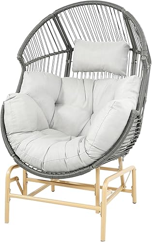 Sillas de patio al aire libre, silla mecedora de mimbre, sillas mecedoras de ratán con cojín y almohada para porche, terraza, jardín (grisgris)