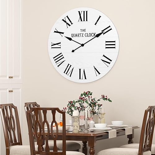 Miniatura 7 de ARTPOWER Reloj de pared grande de granja, reloj de pared Shiplap de 35.5 pulgadas con número romano, casi sin tictac, relojes de pared redondos para