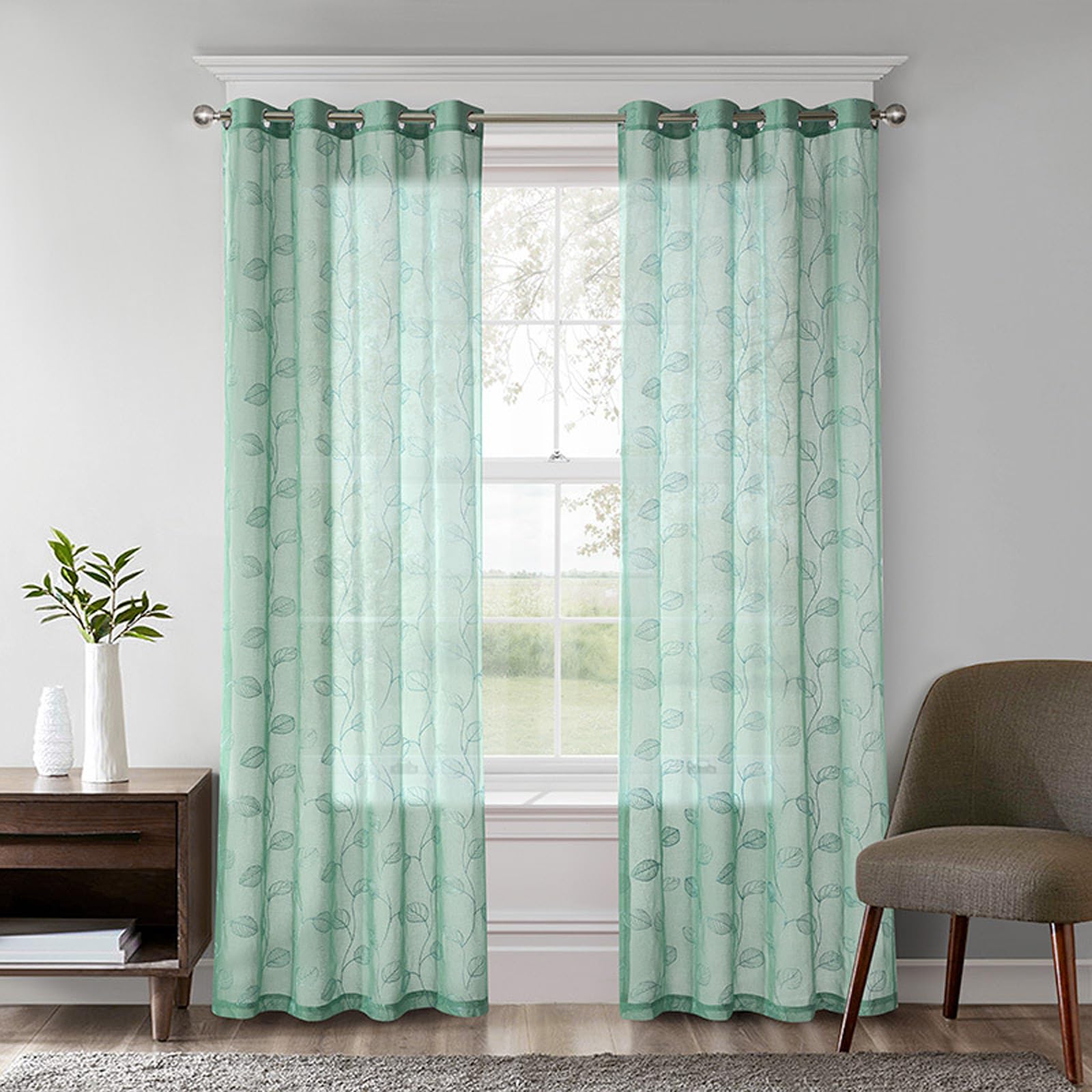 SSWH Sheer Voile Curtains with Embroidered Pattern, Semi Transparent Net Curtains, Voile Sheer Panels for Bedroom Living Room with Eyelet(Size:132x160cm/W 52" x L 63" (2 Panels),Color:Lake Blue)