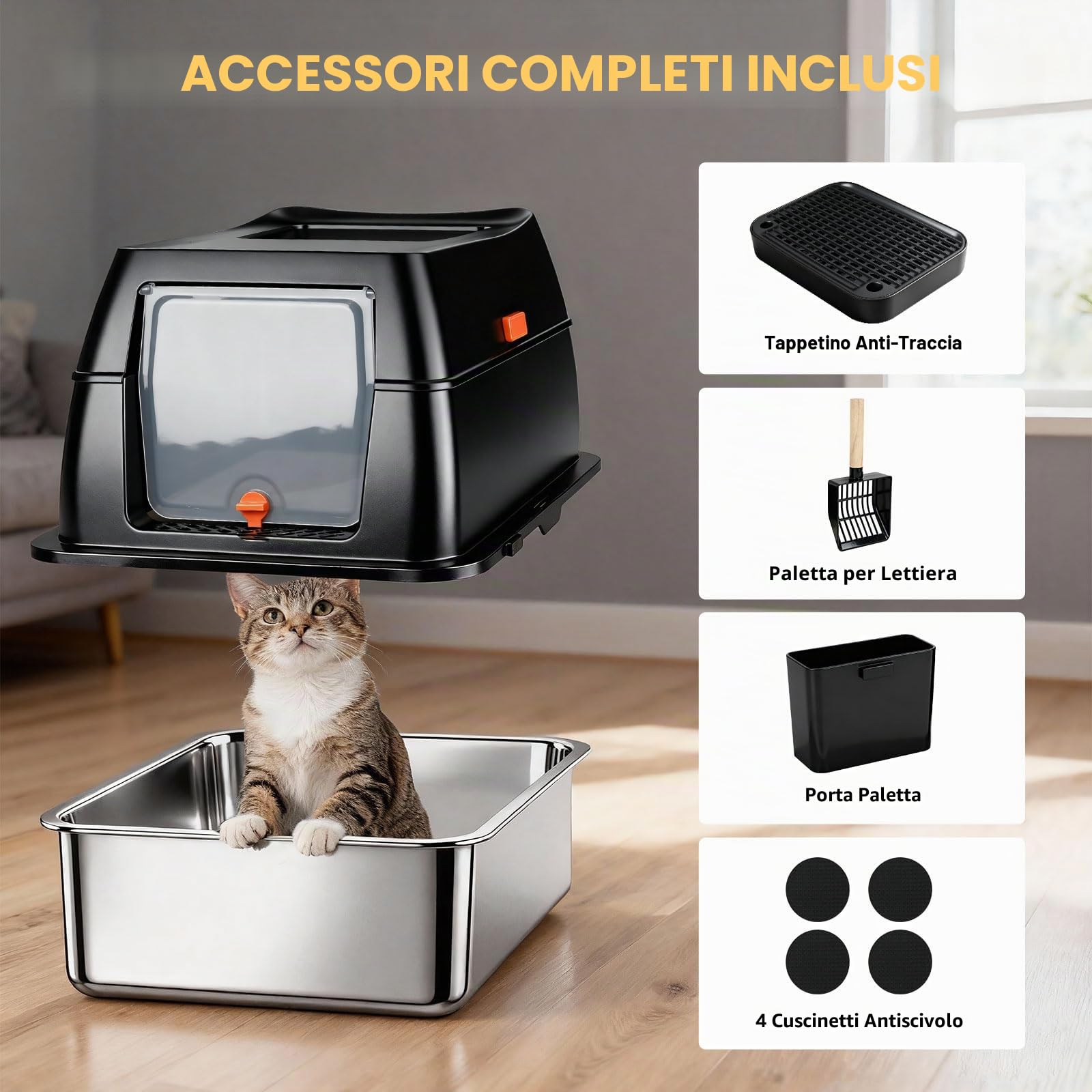 Lettiera per Gatti in Acciaio Inox, Toilette per Gatti XL con Doppio Ingresso e Tappetino Anti-Sabbia, Lettiera Gatto Chiusa Antitrabocco Grandi e Multiuso Cat Litter Box