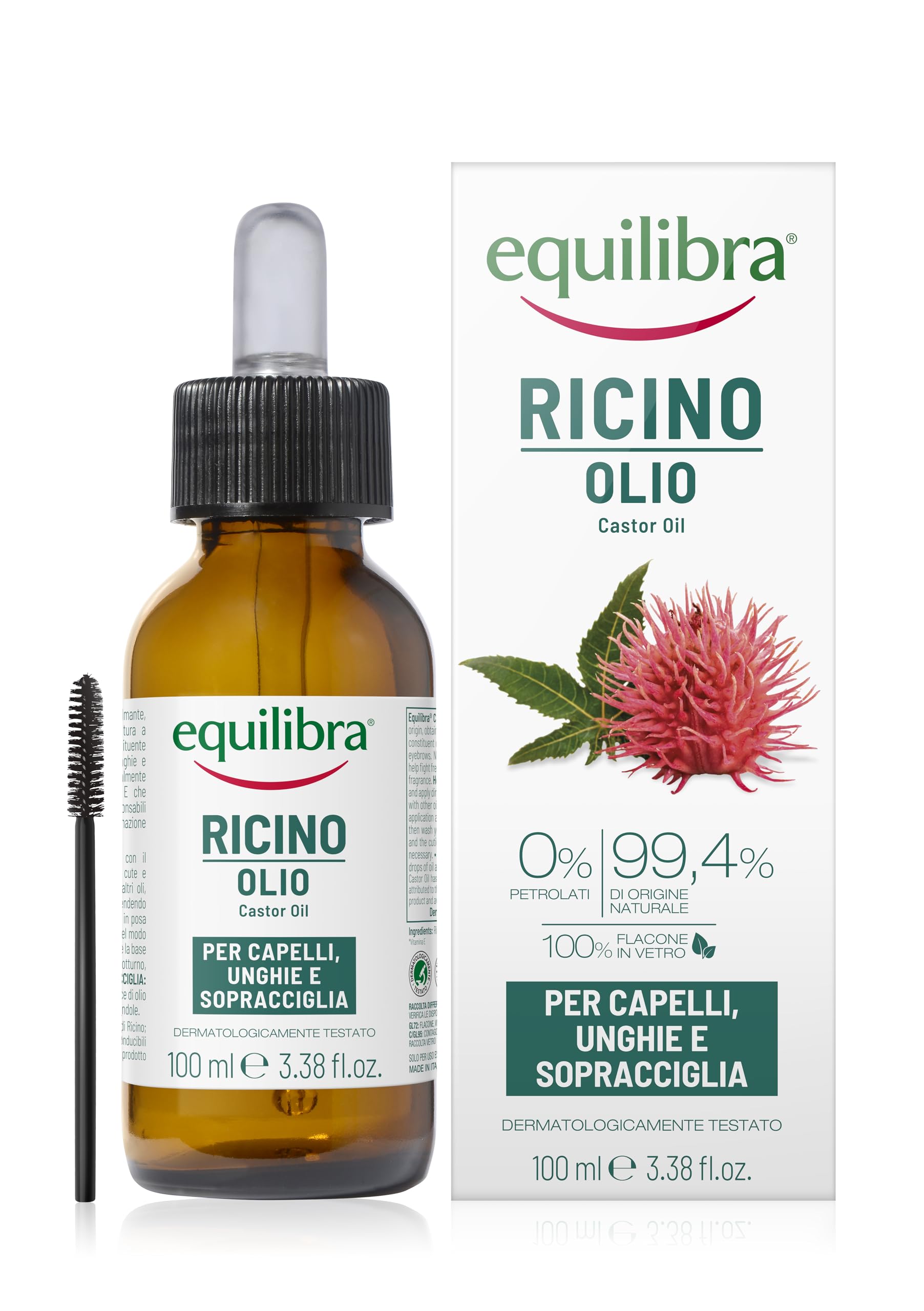 Equilibra Capelli, Olio di Ricino da Spremitura a Freddo, Castor Oil, Per Capelli Unghie e Sopracciglia, Naturalmente Ricco di Antiossidanti e Vitamina E, Dermatologicamente Testato, 100 ml