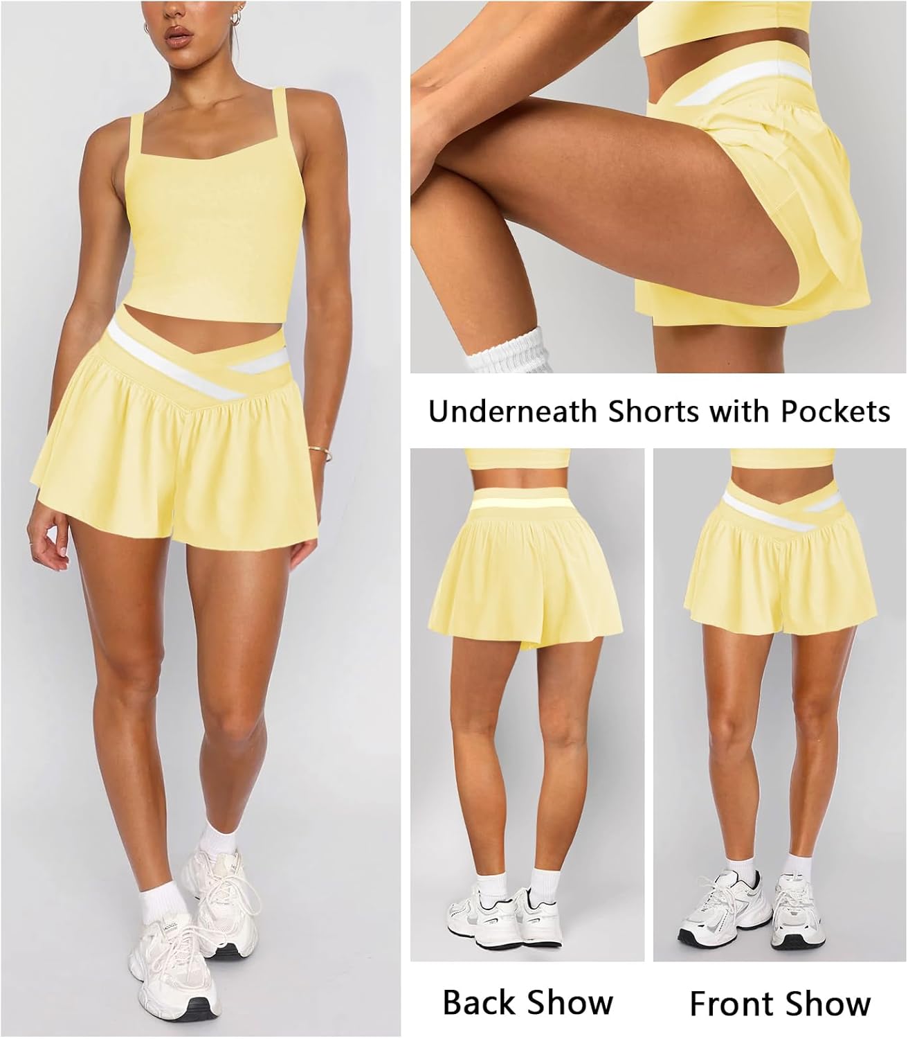 Womens Athletic Workout Shorts Flowy Butterfly Elastic Crossover High Waisted 2 in 1 Running Shorts Pockets for Women - Image 3