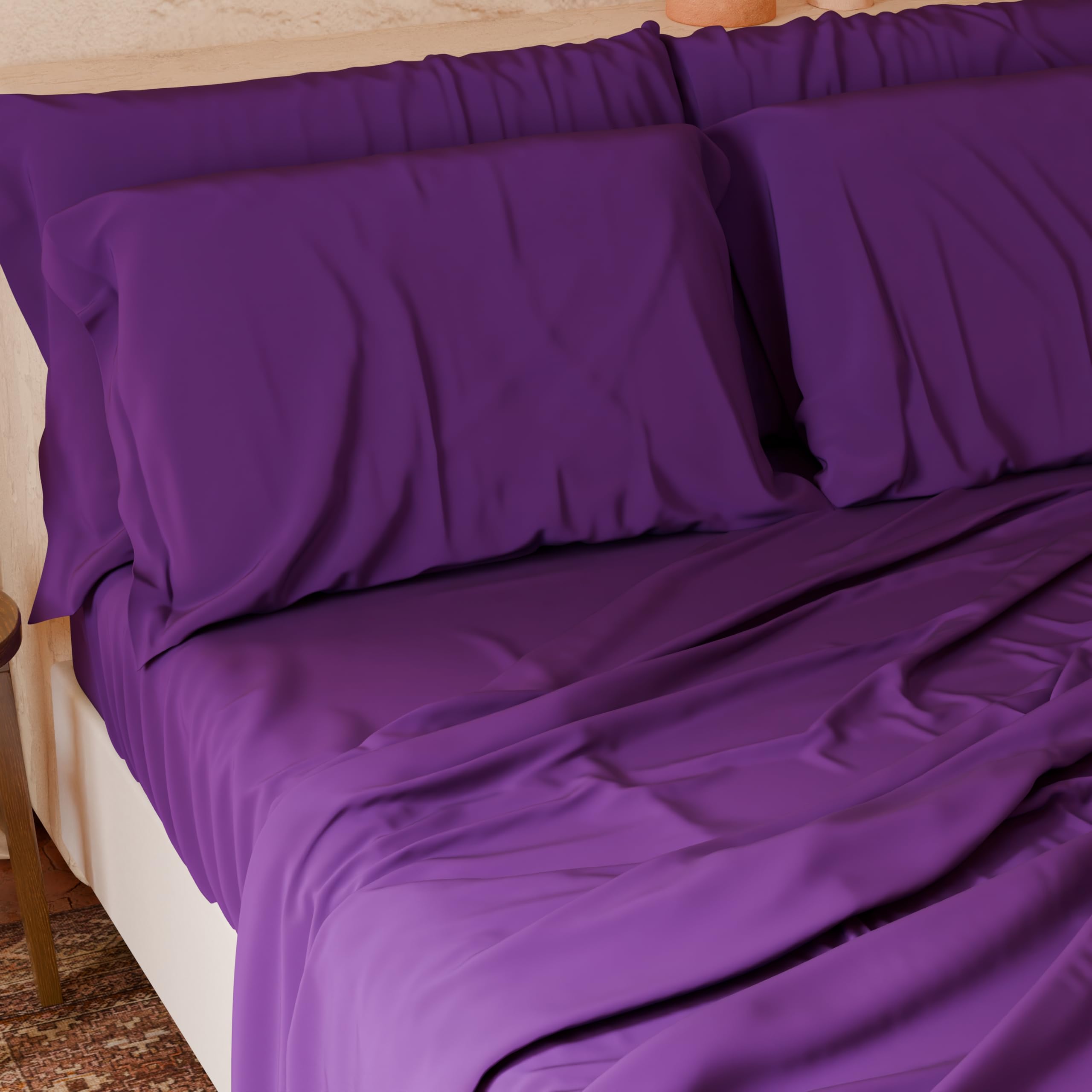 PETTI Artigiani Italiani - Parure de lit 4 pièces pour lit Double, Douce et Respirante, Comprenant Drap Plat, Drap-Housse et 2 taies d'oreiller, Coloris Prune