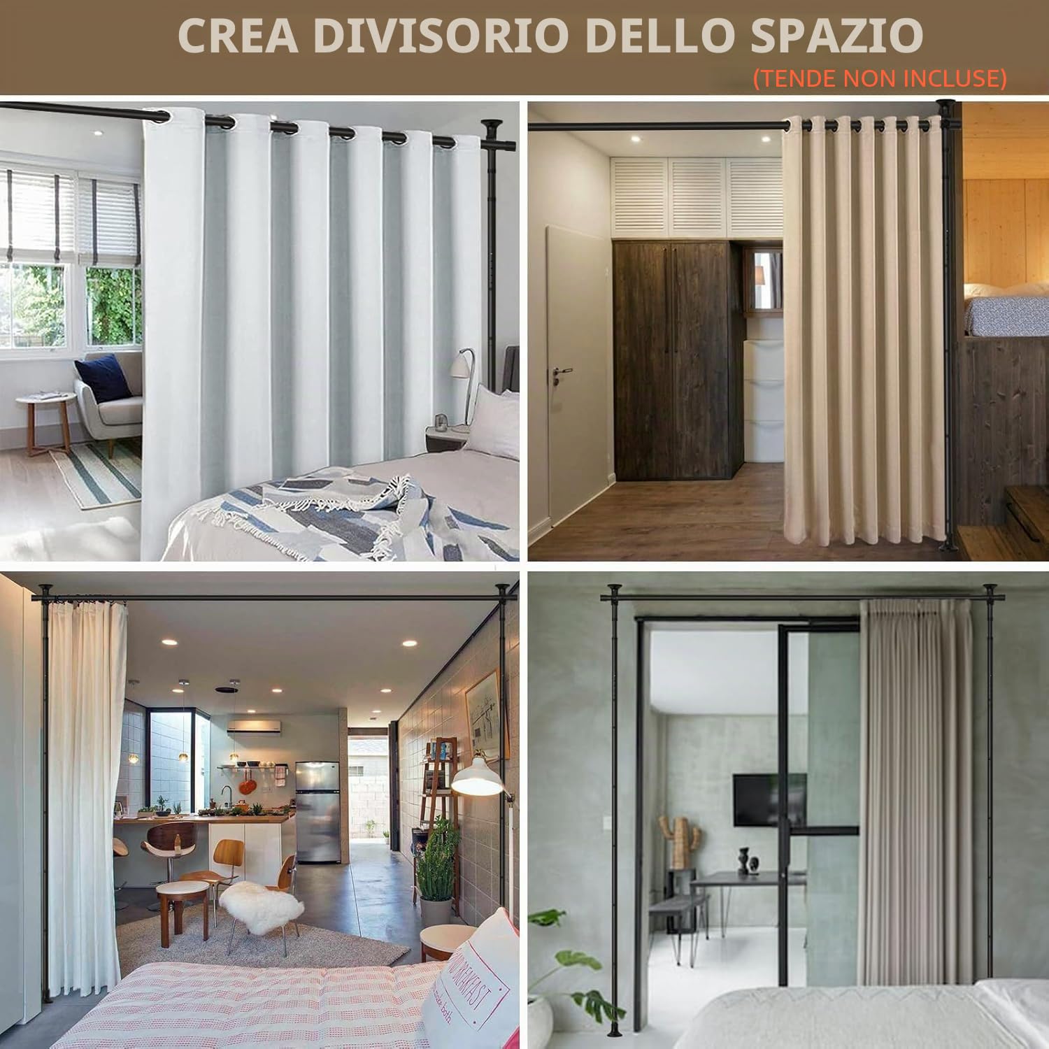 separè per interni, Regolabile asta per tende da pavimento, Separe Divisorio Interno, 122-305 cm * 71-180 cm, Bastoni per tende divisori senza tenda, per soggiorno e camera da letto - nero