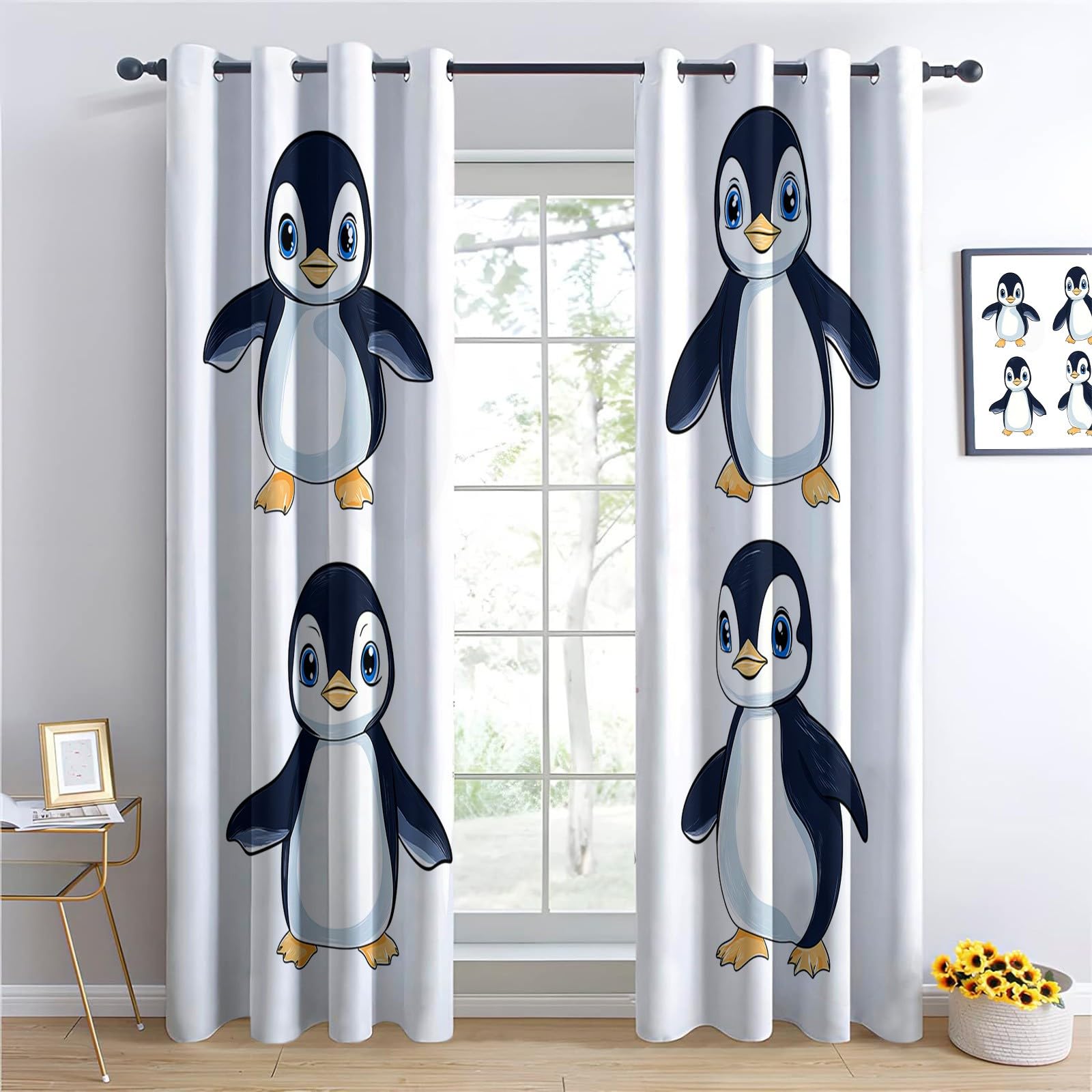Generisch Weiß 2er Set Verdunkelungsvorhänge mit Ösen, Cartoon-Pinguin Illustration Blickdicht Thermo Isoliert Vorhänge für Wohnzimmer & Schlafzimmer, HxB 214 x 91.5 cm