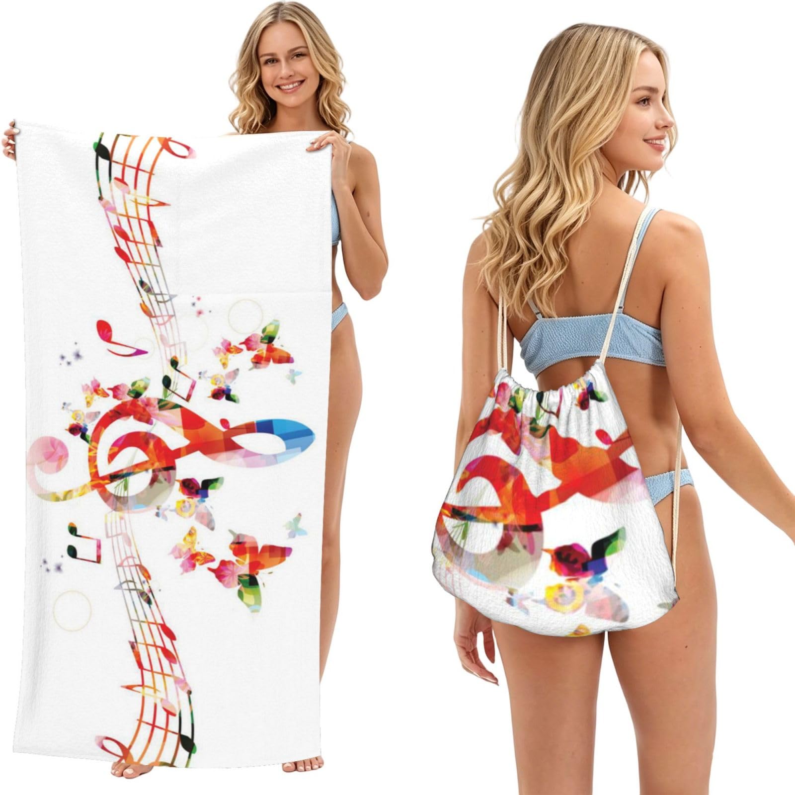WSHFFILO Musica Butterfly printed 2 in 1 Packable Towel Bag Bath Towel Beach Towel