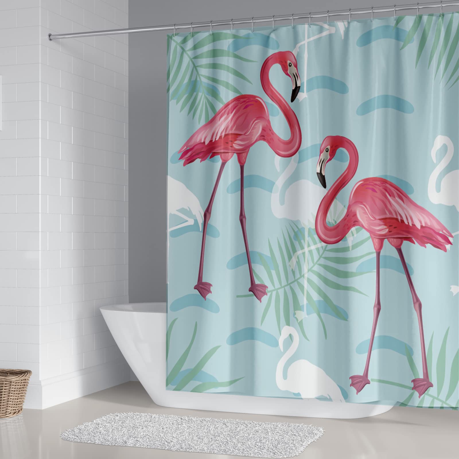 Tenda da Doccia Impermeabile e Antimuffa,Tenda da Doccia con Motivo Fenicottero rosa e bianco,Tenda per Doccia Tessuto Lavabile,Tenda per Doccia provvista di 12 Anelli e Ganci per Bagni,180x200cm