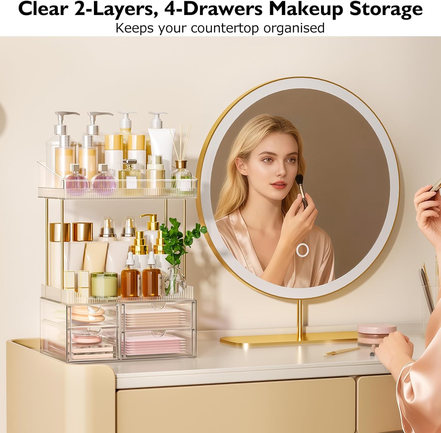 SNSLXH 4 Drawers Makeup Organizer - 4 Tier Makeup Storage, Cosmetics Organiser, Ideal for Cosmetic, with Drawers for Countertop, Bathroom, Office Supplies, Dresser Transparent Clear - Image 3