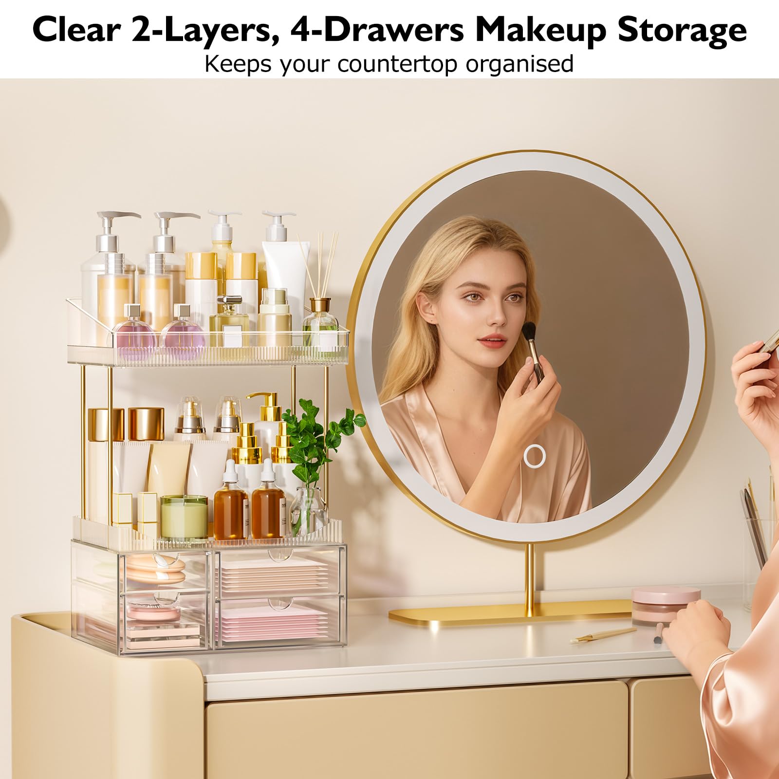 Makeup Organiser - Upgraded Transparent Perfume Organiser with 2 Shelves & 4 Drawer, Make up Storage Non-Slip Design, Skincare Drawer Organisers for Bathroom/Bedroom/Kitchen/Vanity, Clear - 2