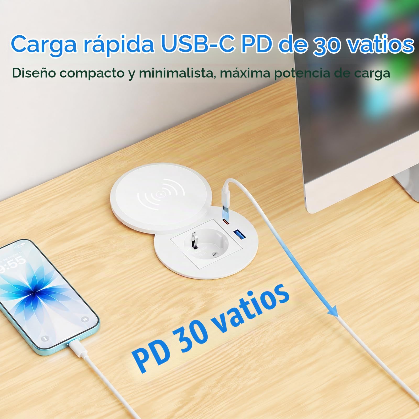 Enchufe empotrable con USB-C PD 30W, Carga inalámbrica 15W, Ø80 mm