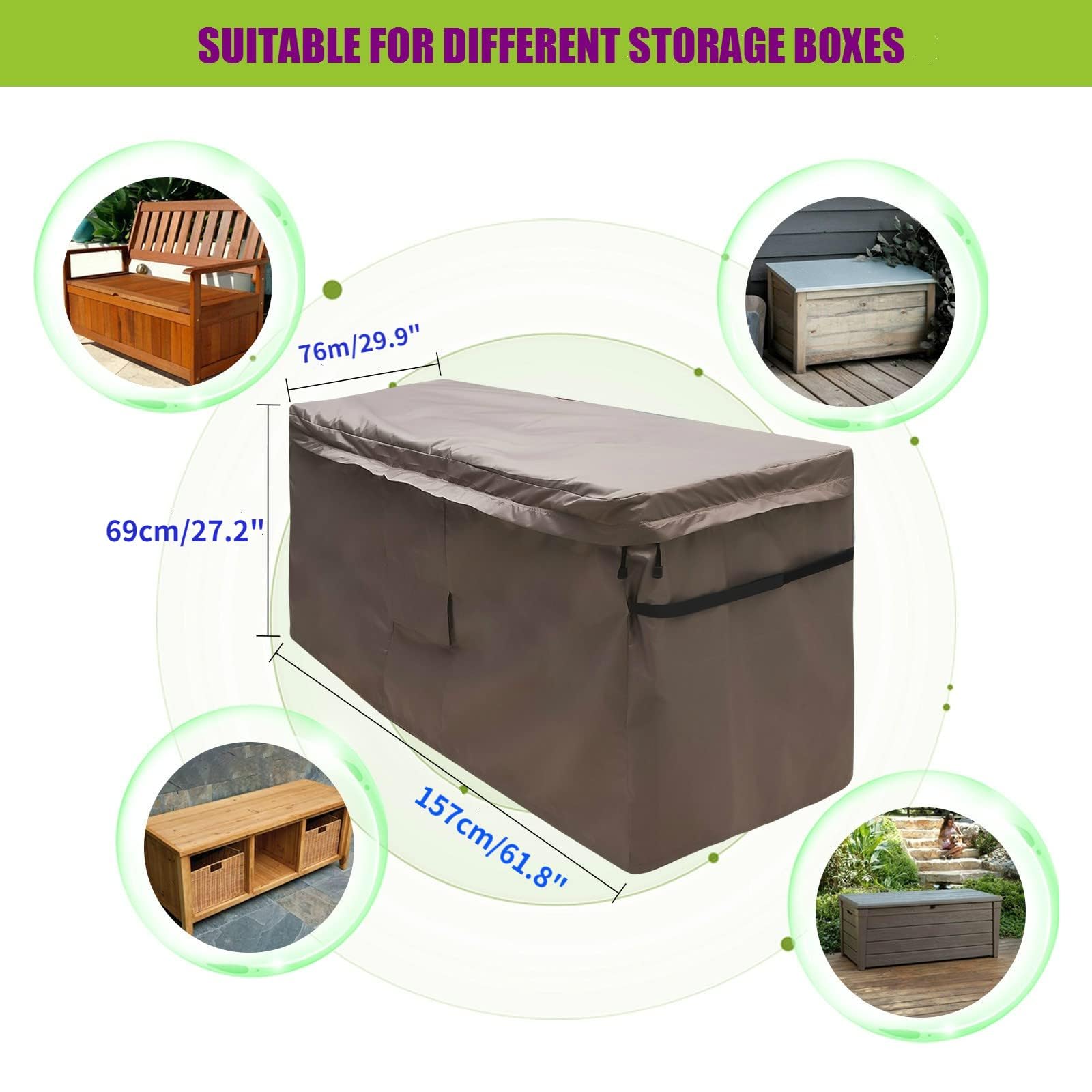 Housse Imperméable pour Coffre de Rangement en Jardin, Couverture pour Boîte de Terrasse avec Couvercle à Zip et Ventilation, Oxford 420D Brun (157 x 76 x 69 cm)