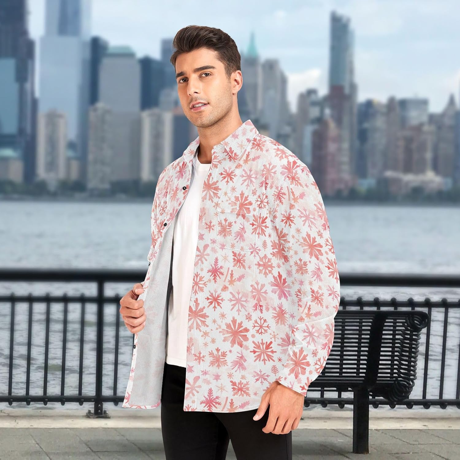 KLL Merry Christmas Snowflake Red Hoho Unisex Adults Slim Fit Rugby Shirts Formal Long Sleeve Blouses