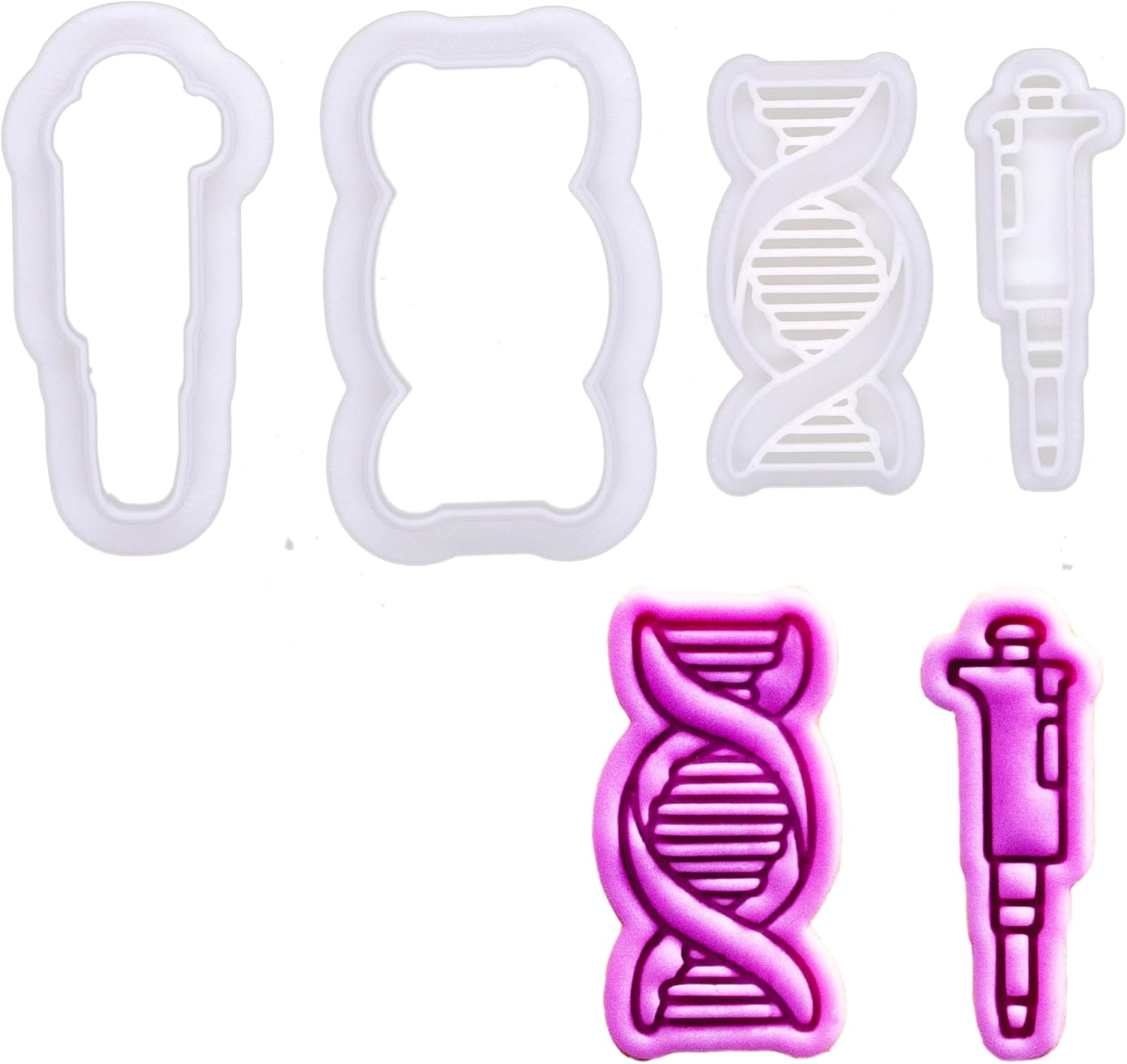 BAKERLOGY Mini Pipette and Helix Cookie Cutter and Stamp Set (2") – Micropipette and DNA Embosser for Science Cupcakes, Fondant Tool for Lab Party and Biology-Themed Bakes