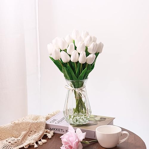 Miniatura 34 de 10 piezas de tulipanes rosados, flores falsas de poliuretano, tulipanes artificiales de tacto real, tallo único, tulipanes florales falsos, ramo